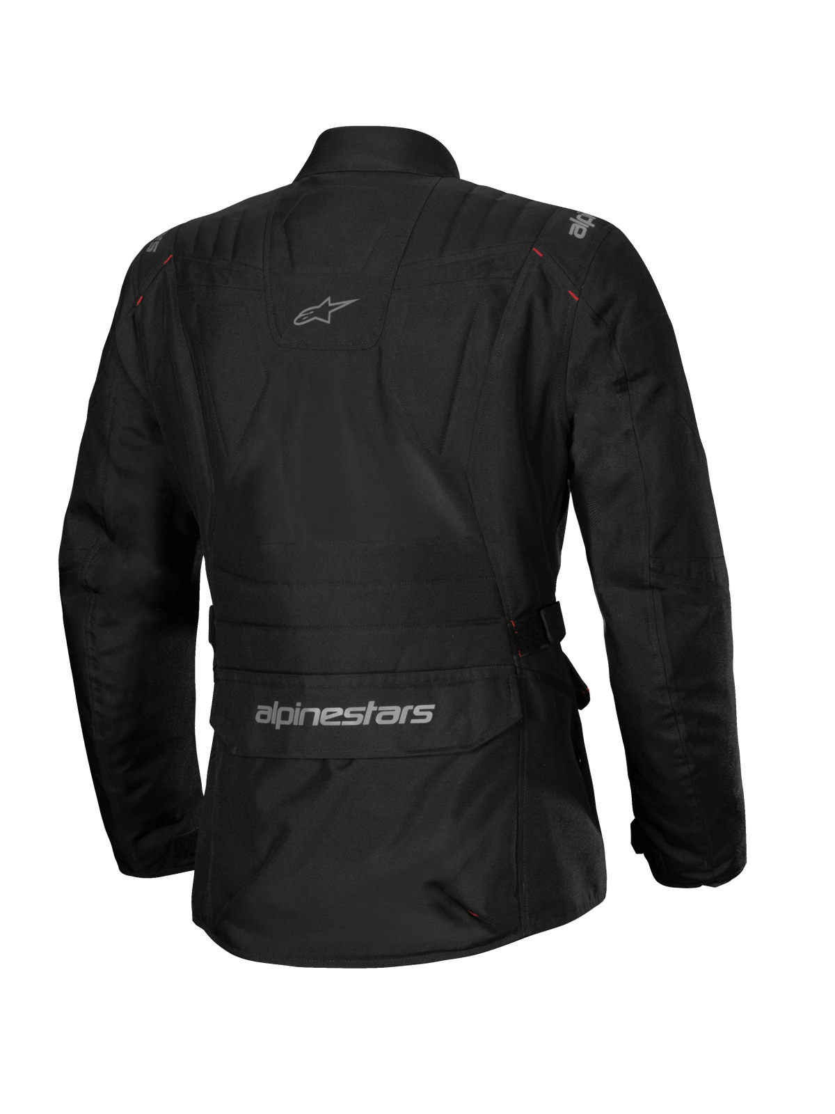 Chaqueta impermeable Alpinestars Stella ST-1, chaqueta de moto para mujer, negra, vista trasera con un gran bolsillo de carga en la parte inferior de la espalda con logo, diseño de turismo de aventura con marca sutil en la parte superior de la espalda, confección textil impermeable y duradera.