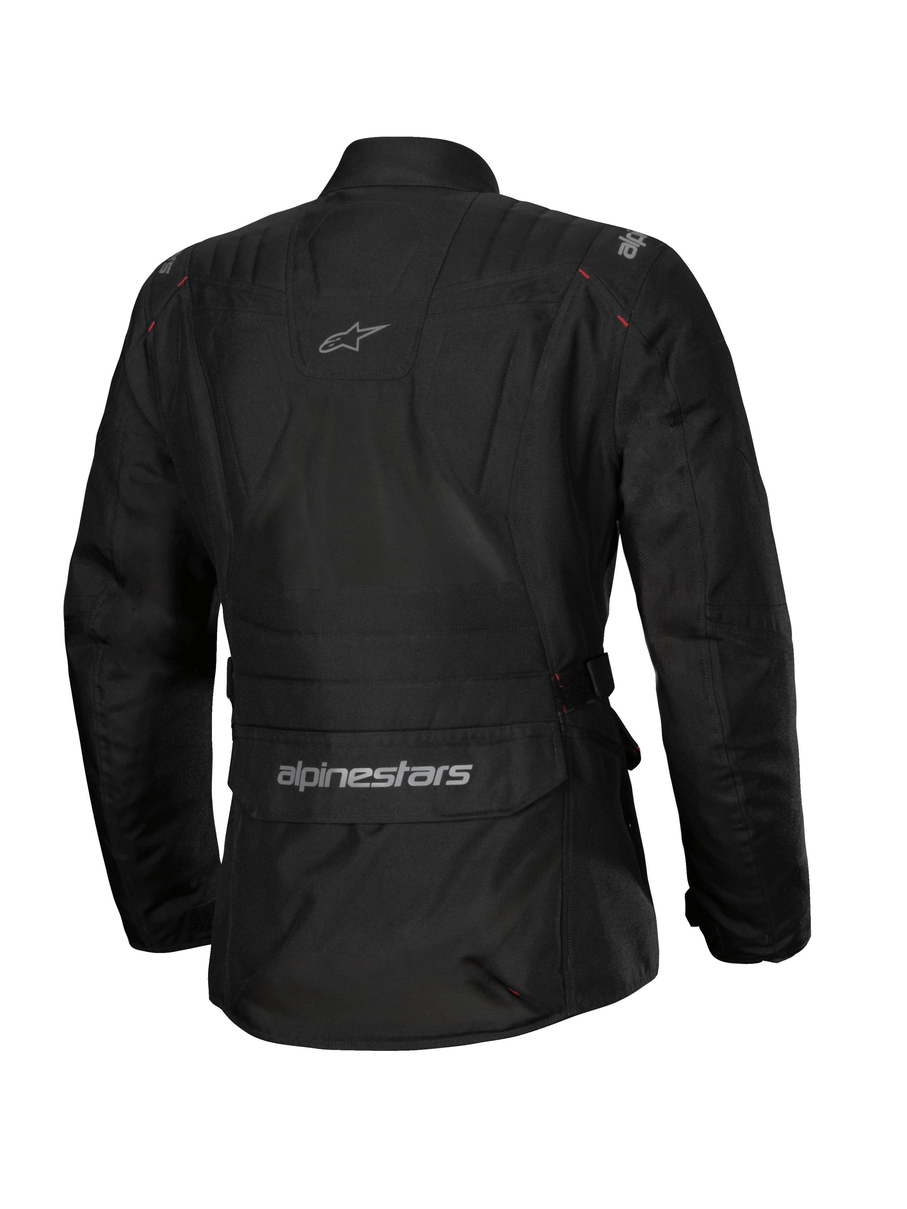 Chaqueta impermeable Alpinestars Stella ST-1, chaqueta de moto para mujer, negra, vista trasera con un gran bolsillo de carga en la parte inferior de la espalda con logo, diseño de turismo de aventura con marca sutil en la parte superior de la espalda, confección textil impermeable y duradera.