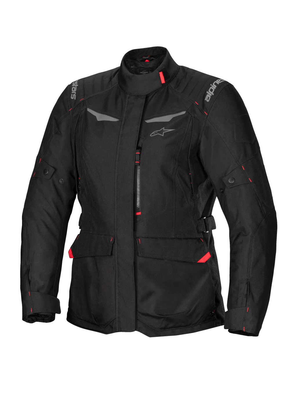 Alpinestars Stella ST-1 Waterproof Jacket, chaqueta de moto de turismo para mujer, negra con detalles rojos, cuello alto, cremallera frontal, grandes bolsillos de carga en la cintura, correas ajustables en cintura y puños, construcción resistente a la intemperie