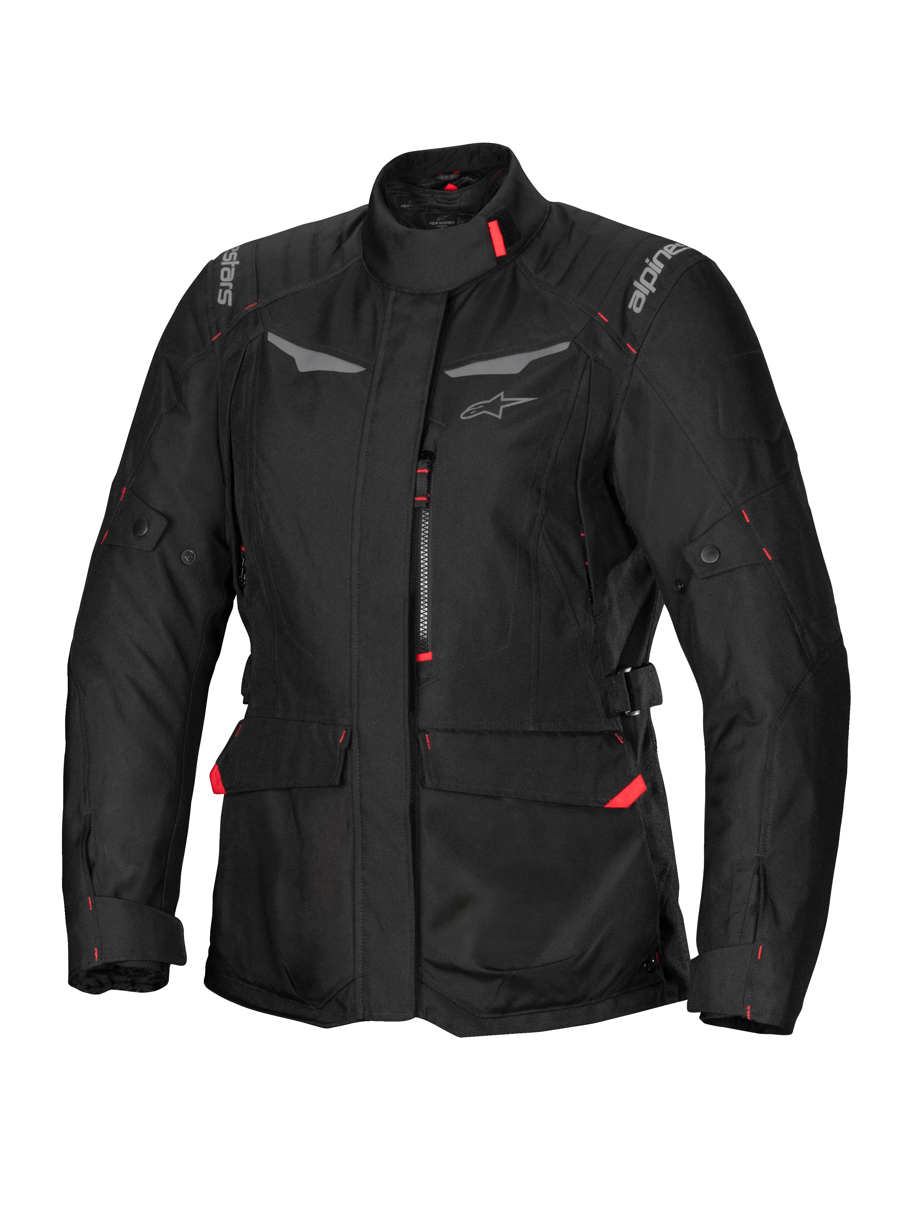 Alpinestars Stella ST-1 Waterproof Jacket, chaqueta de moto de turismo para mujer, negra con detalles rojos, cuello alto, cremallera frontal, grandes bolsillos de carga en la cintura, correas ajustables en cintura y puños, construcción resistente a la intemperie