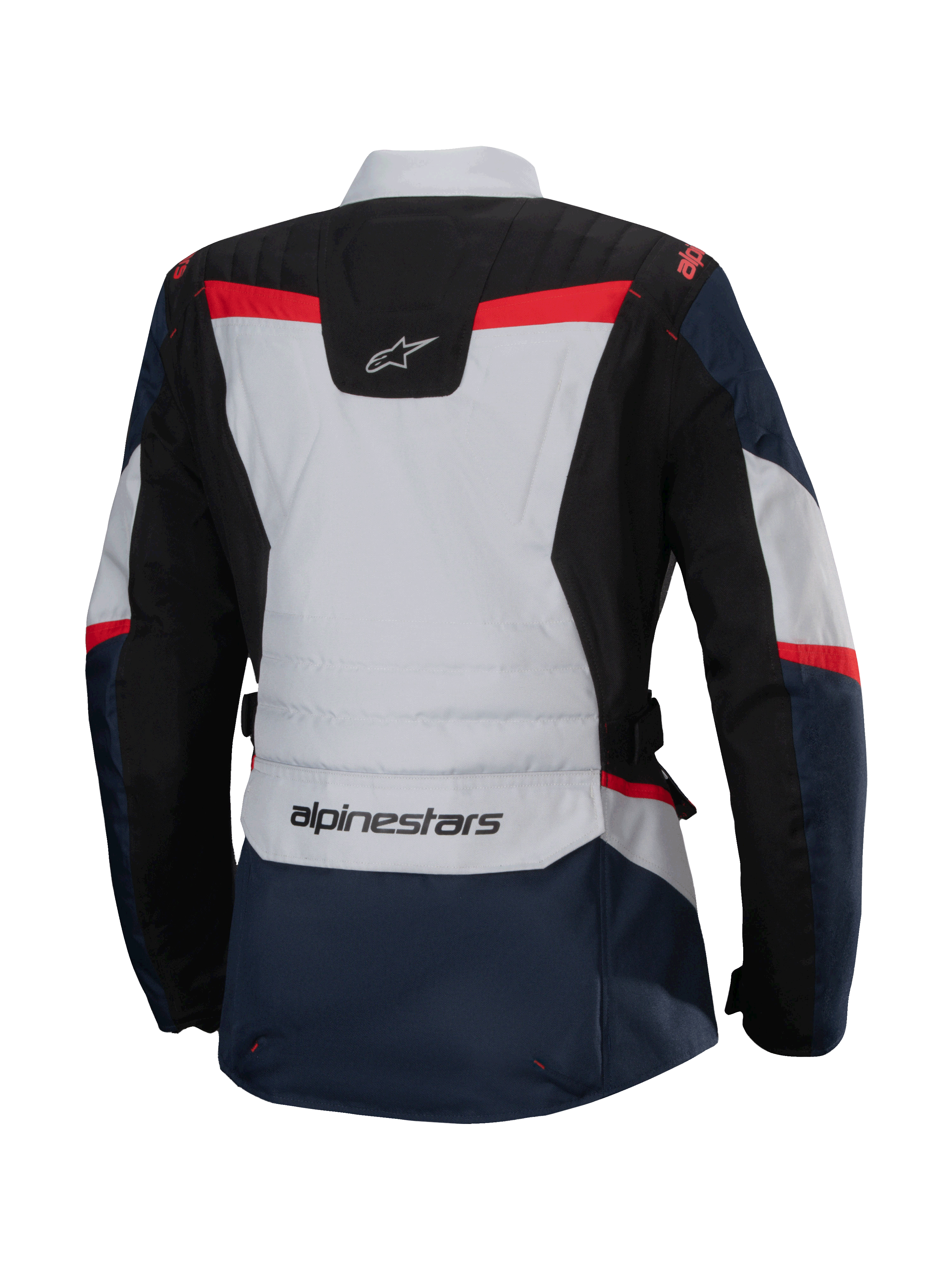 Chaqueta Alpinestars Stella ST-1 Waterproof, vista trasera, azul oscuro y negro con detalles en gris claro y rojo brillante, chaqueta de turismo de aventura para mujer con marca Alpinestars y construcción ergonómica.