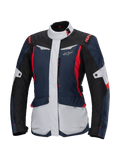 Alpinestars Stella ST-1 Waterproof Jacket, chaqueta de moto touring para mujer, azul oscuro, negro y rojo brillante, con paneles gris claro, cuello alto, cremallera frontal y diseño de inspiración adventure con formas angulares y bolsillos cargo