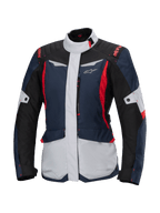 Alpinestars Stella ST-1 Waterproof Jacket, chaqueta de moto touring para mujer, azul oscuro, negro y rojo brillante, con paneles gris claro, cuello alto, cremallera frontal y diseño de inspiración adventure con formas angulares y bolsillos cargo