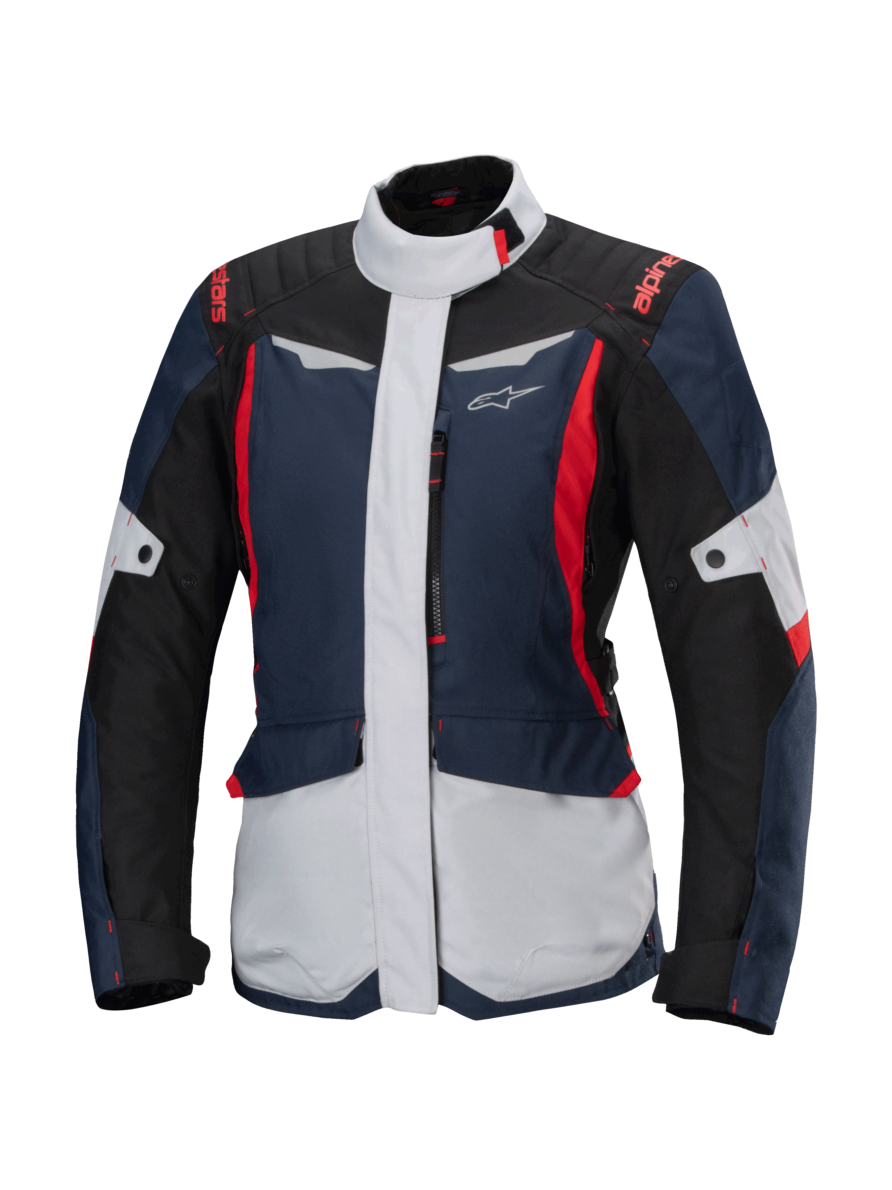 Alpinestars Stella ST-1 Waterproof Jacket, chaqueta de moto touring para mujer, azul oscuro, negro y rojo brillante, con paneles gris claro, cuello alto, cremallera frontal y diseño de inspiración adventure con formas angulares y bolsillos cargo