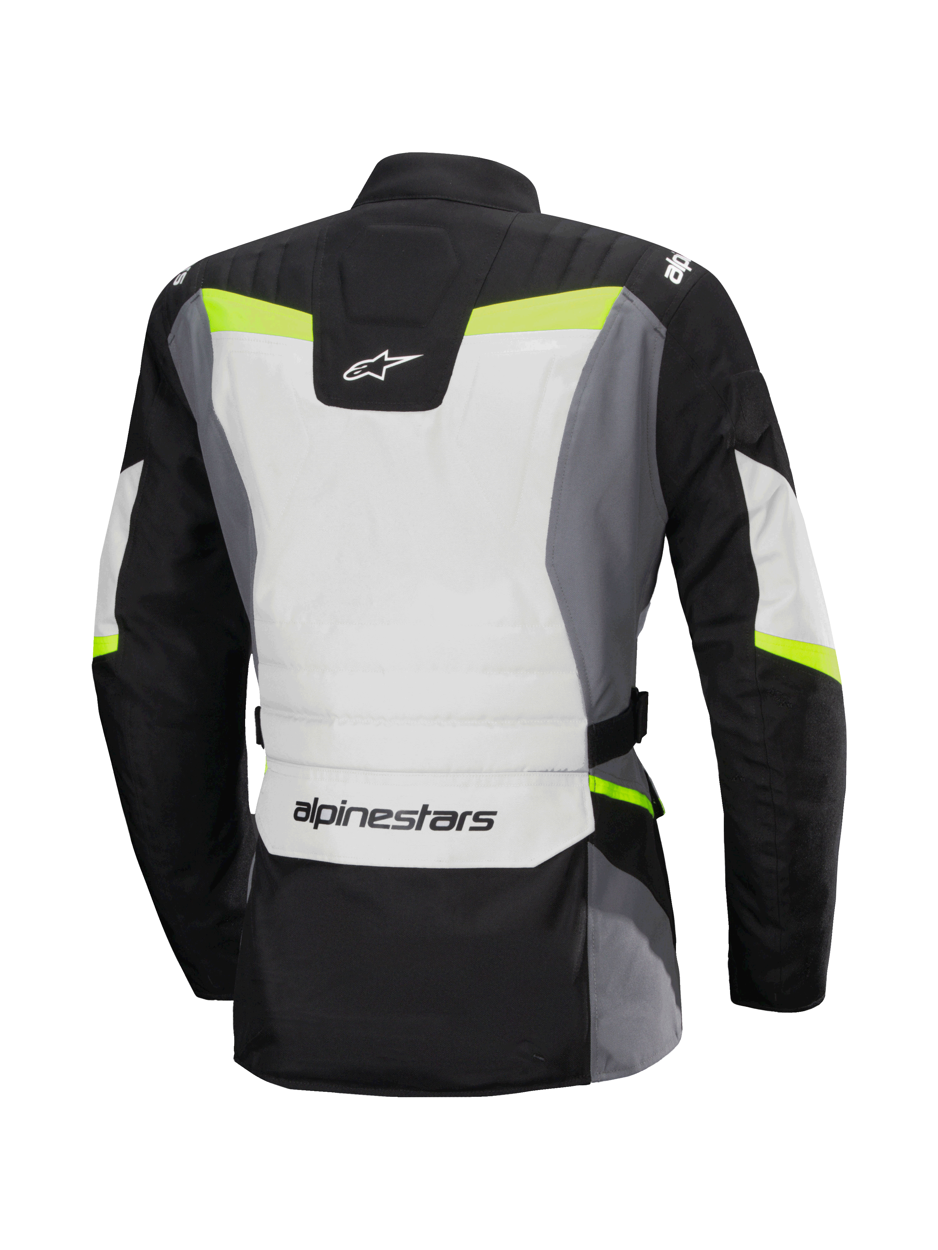 Chaqueta impermeable Alpinestars Stella ST-1, vista trasera, chaqueta de moto de turismo para mujer, gris hielo, negro y amarillo flúor, presenta el logotipo de Alpinestars en la parte inferior de la espalda y en la parte superior del cuello, diseño de turismo de aventura con construcción textil protectora y detalles fluorescentes.