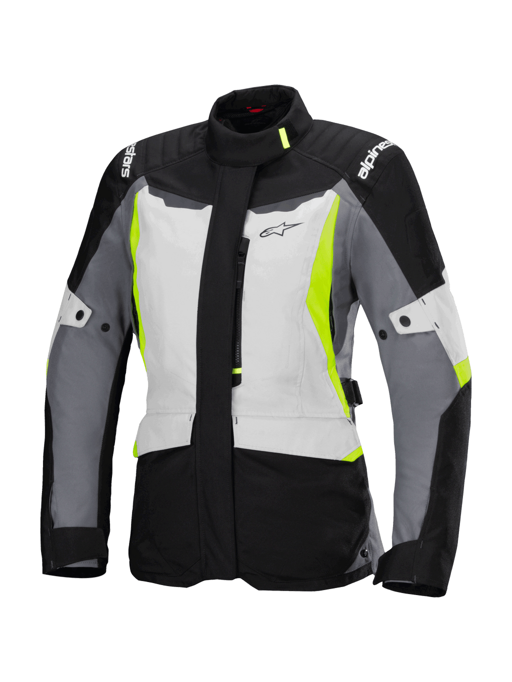 Alpinestars Stella ST-1 Waterproof Jacket, chaqueta de moto de turismo para mujer, gris hielo, negro y amarillo fluorescente, con cuello alto, cremallera frontal, hombros reforzados con el logo de la marca y correas de cintura ajustables, diseño inspirado en el turismo de aventura