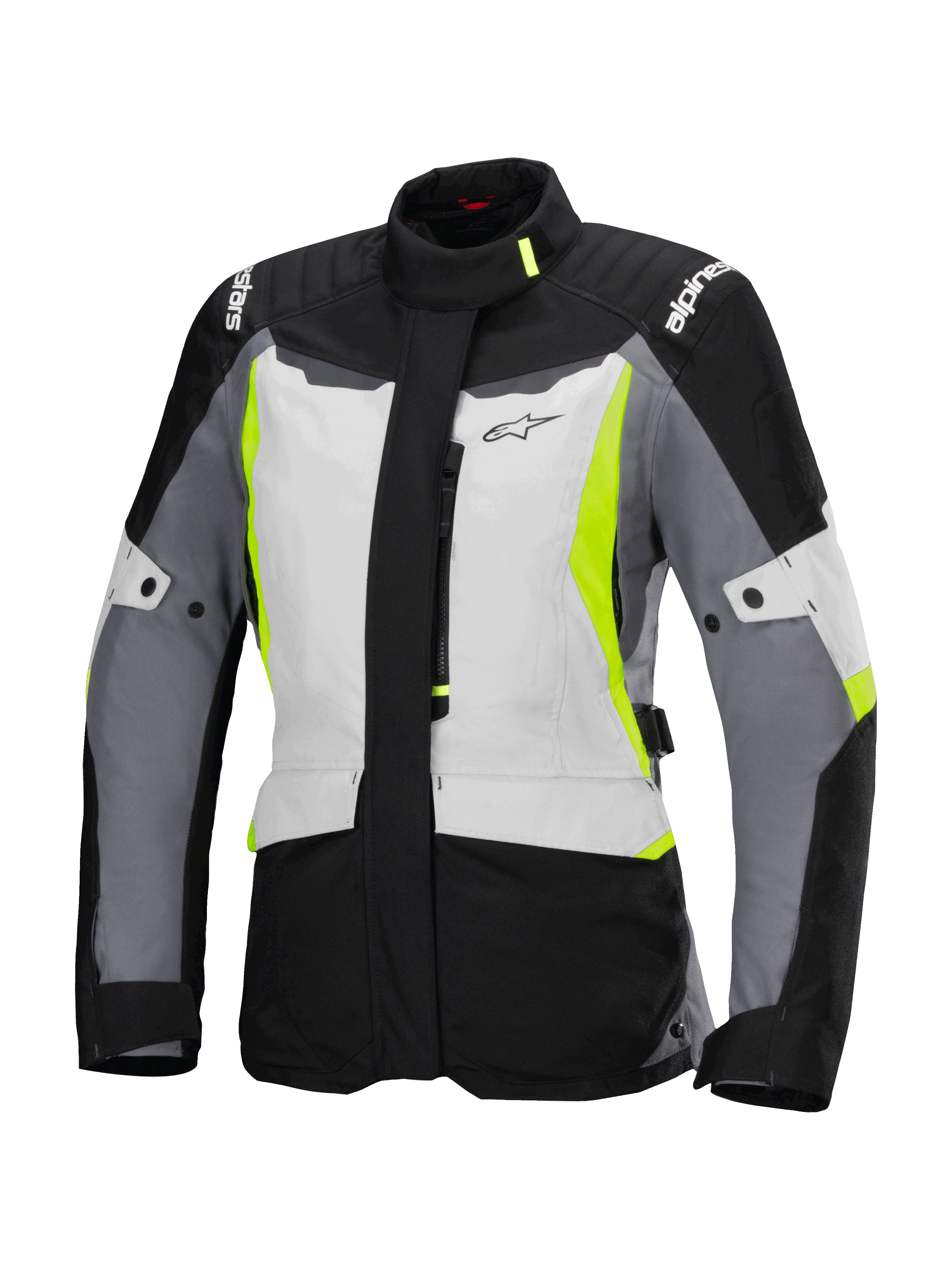 Alpinestars Stella ST-1 Waterproof Jacket, chaqueta de moto de turismo para mujer, gris hielo, negro y amarillo fluorescente, con cuello alto, cremallera frontal, hombros reforzados con el logo de la marca y correas de cintura ajustables, diseño inspirado en el turismo de aventura
