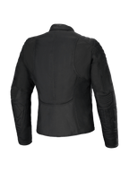 Chaqueta para mujer Alpinestars Isla WR, vista trasera, negro, chaqueta de moto urbana de ajuste entallado con detalles acolchados en hombros y antebrazos, tejido repelente al agua con acabado mate, diseño femenino entallado con perfil trasero alargado para mayor comodidad al conducir