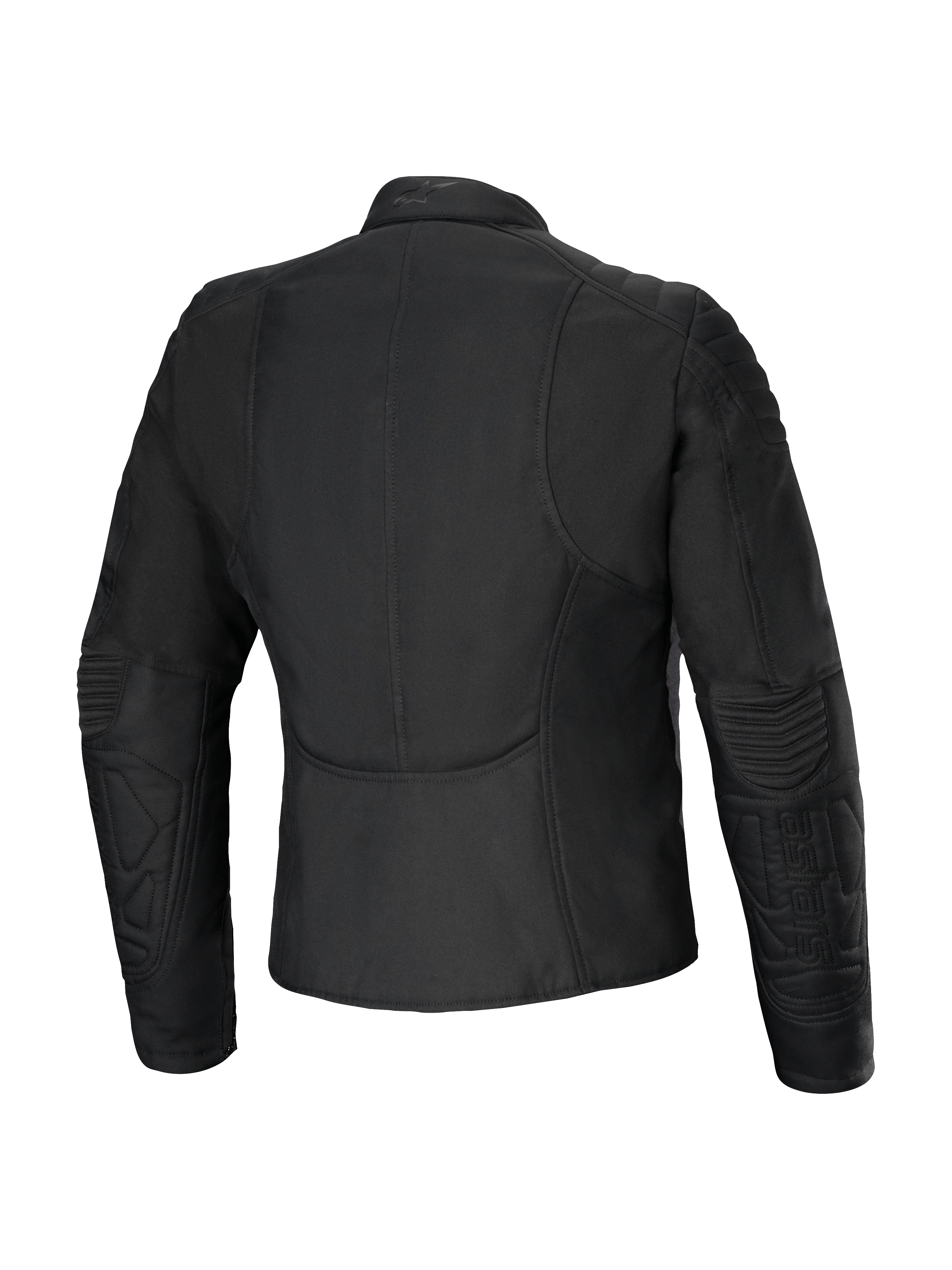 Chaqueta para mujer Alpinestars Isla WR, vista trasera, negro, chaqueta de moto urbana de ajuste entallado con detalles acolchados en hombros y antebrazos, tejido repelente al agua con acabado mate, diseño femenino entallado con perfil trasero alargado para mayor comodidad al conducir