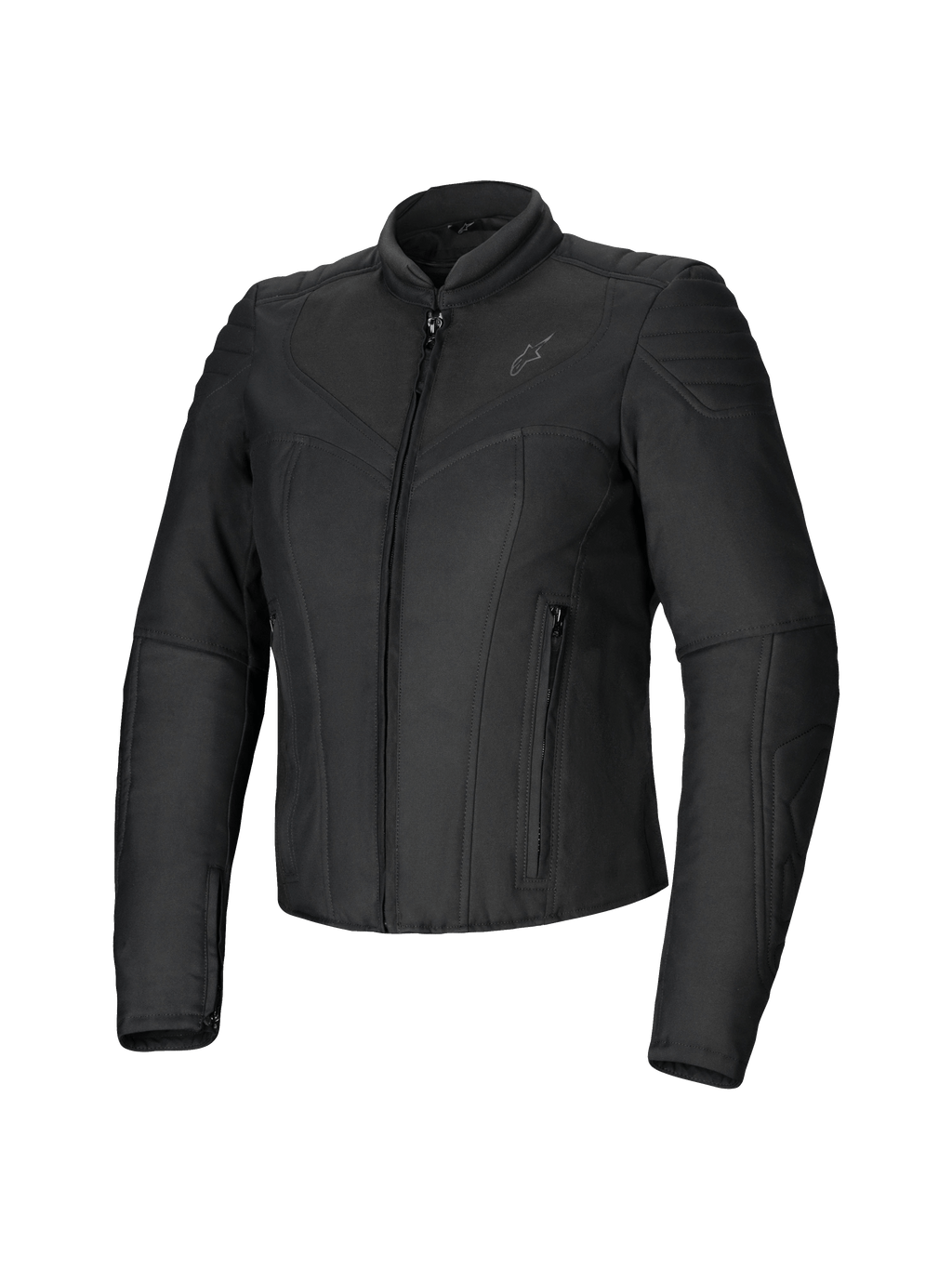 Alpinestars Isla WR, chaqueta de moto para mujer, negra, de corte entallado, acabado mate con detalles acolchados en hombros y antebrazos, cierre frontal de cremallera, dos bolsillos con cremallera, cuello alto tipo biker, equipamiento urbano contemporáneo