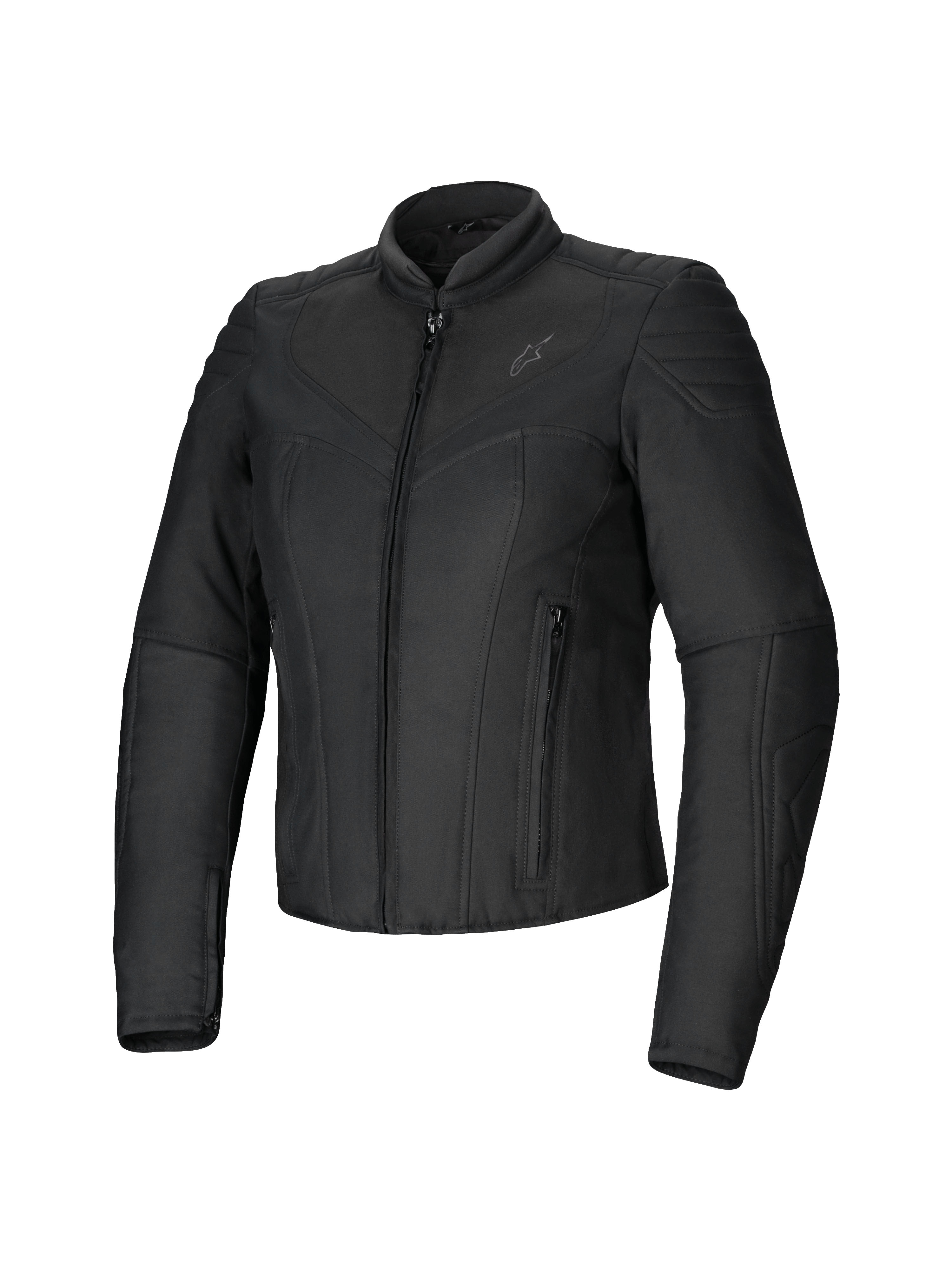 Alpinestars Isla WR, chaqueta de moto para mujer, negra, de corte entallado, acabado mate con detalles acolchados en hombros y antebrazos, cierre frontal de cremallera, dos bolsillos con cremallera, cuello alto tipo biker, equipamiento urbano contemporáneo