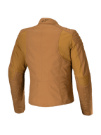 Chaqueta para mujer Alpinestars Isla WR, chaqueta urbana de moto, marrón Utility Brown Light Gold, vista trasera con refuerzos acolchados en hombros y codos, corte femenino entallado con paneles elásticos ergonómicos, tejido repelente al agua con acabado mate