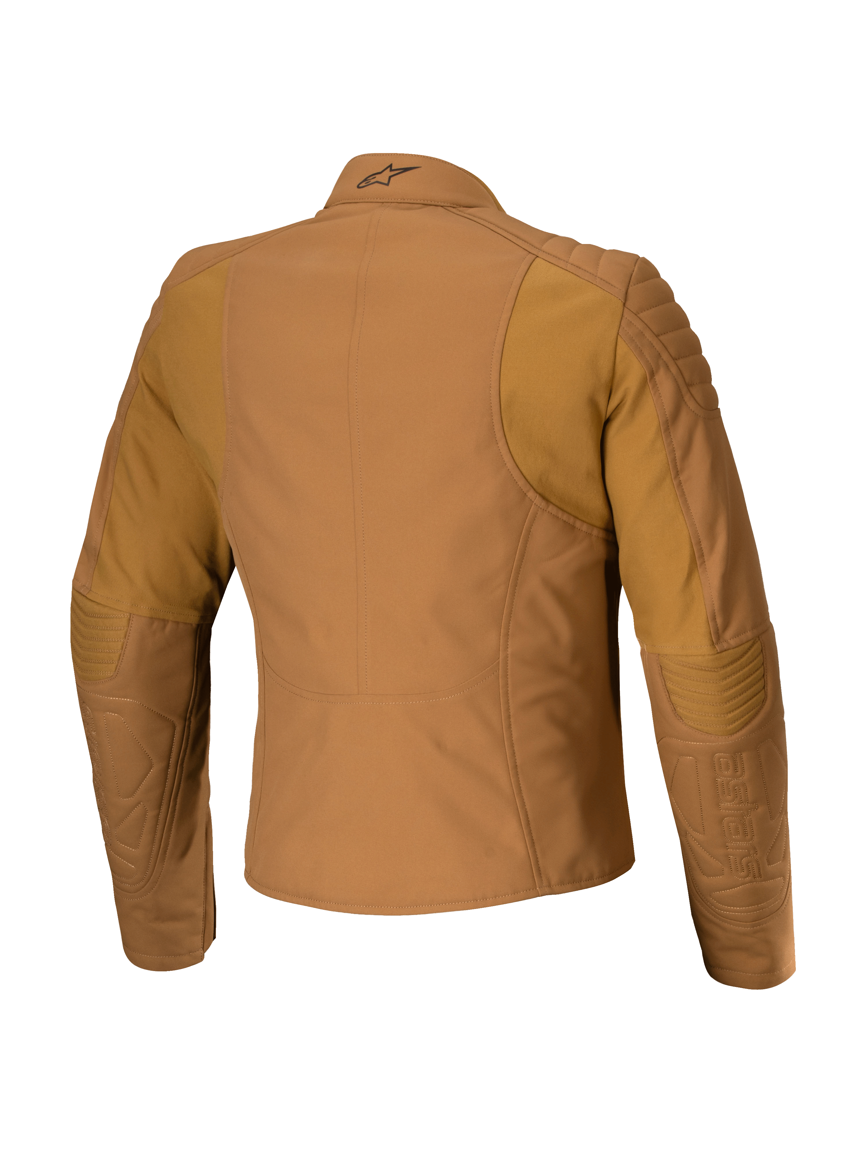 Chaqueta para mujer Alpinestars Isla WR, chaqueta urbana de moto, marrón Utility Brown Light Gold, vista trasera con refuerzos acolchados en hombros y codos, corte femenino entallado con paneles elásticos ergonómicos, tejido repelente al agua con acabado mate