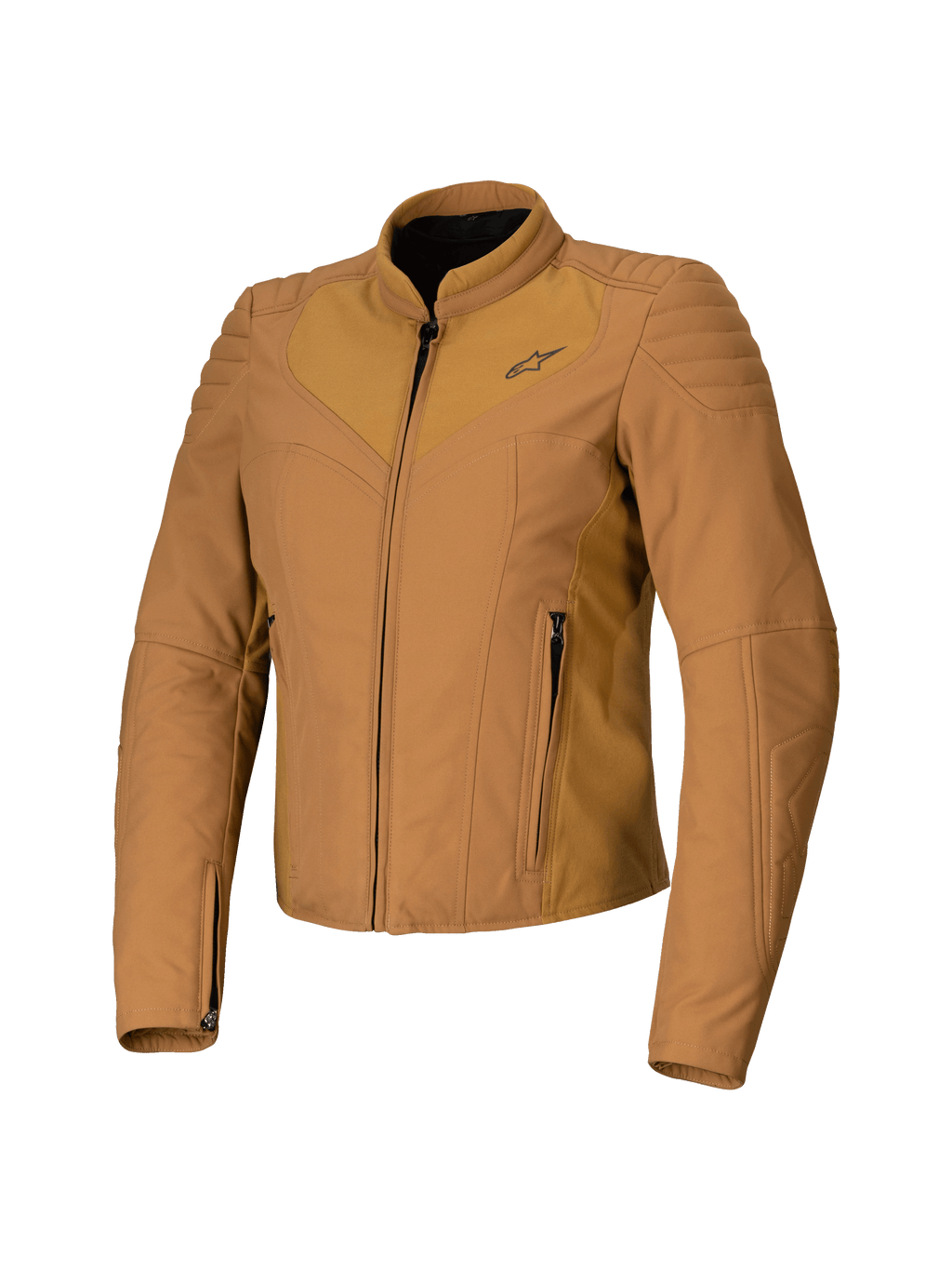 Alpinestars Isla WR, chaqueta de moto para mujer, marrón Utility Brown Light Gold, chaqueta de motociclista en tono tostado, diseño entallado, cuello alto, detalles acolchados en los hombros, cremallera frontal con bolsillos laterales, equipamiento técnico urbano
