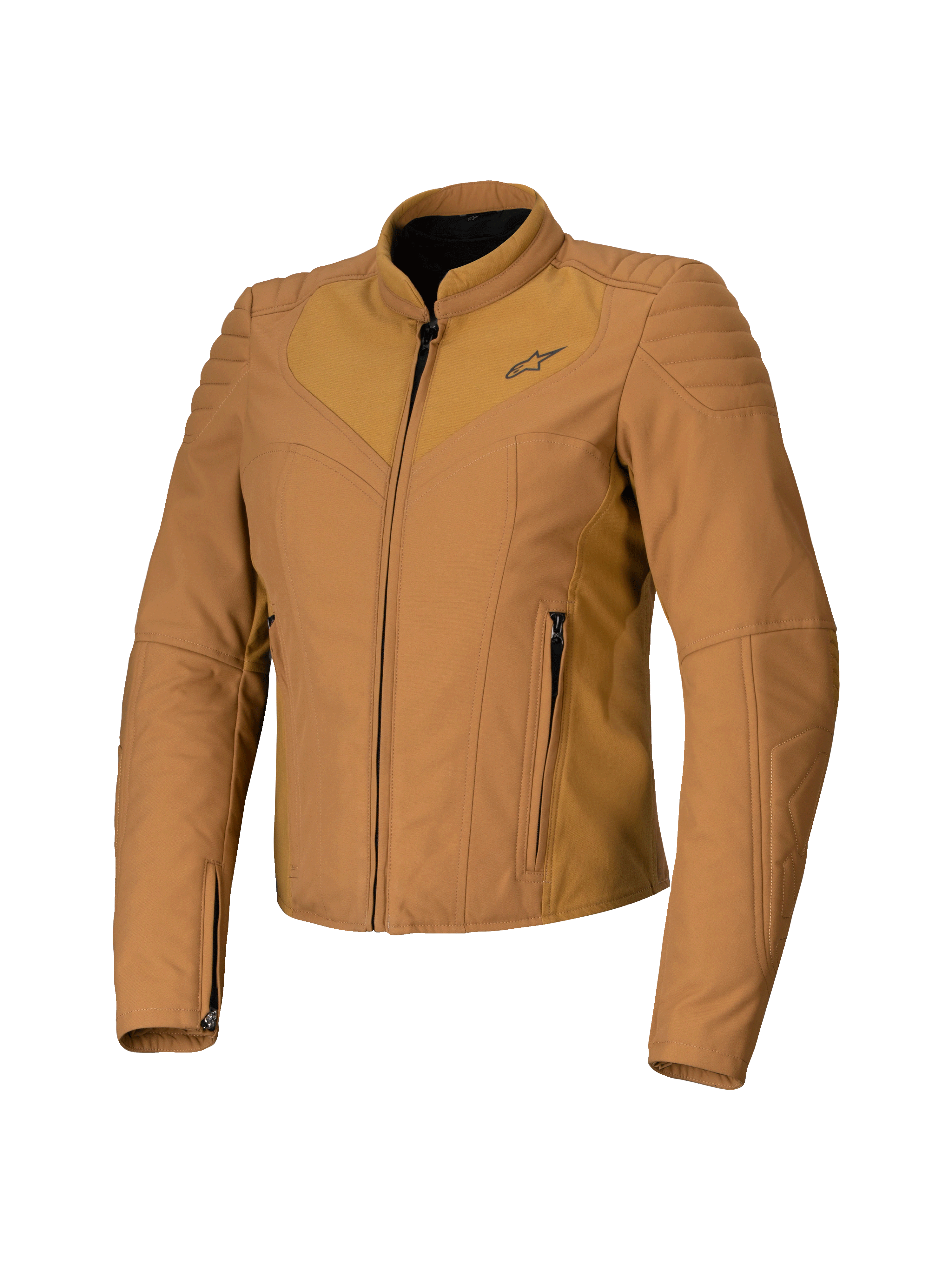Alpinestars Isla WR, chaqueta de moto para mujer, marrón Utility Brown Light Gold, chaqueta de motociclista en tono tostado, diseño entallado, cuello alto, detalles acolchados en los hombros, cremallera frontal con bolsillos laterales, equipamiento técnico urbano