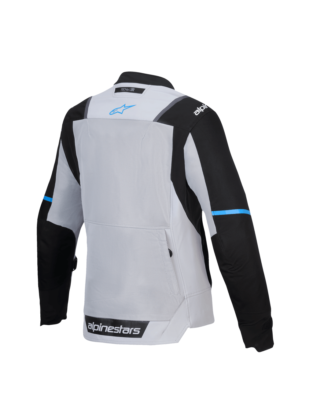 Alpinestars Chaqueta Stella ST-2 Air, chaqueta de moto para mujer touring, vista trasera que muestra el panel de ventilación de malla y el bolsillo trasero, gris hielo y negro con detalles en azul, certificado CE nivel AA, preparada para Tech-Air