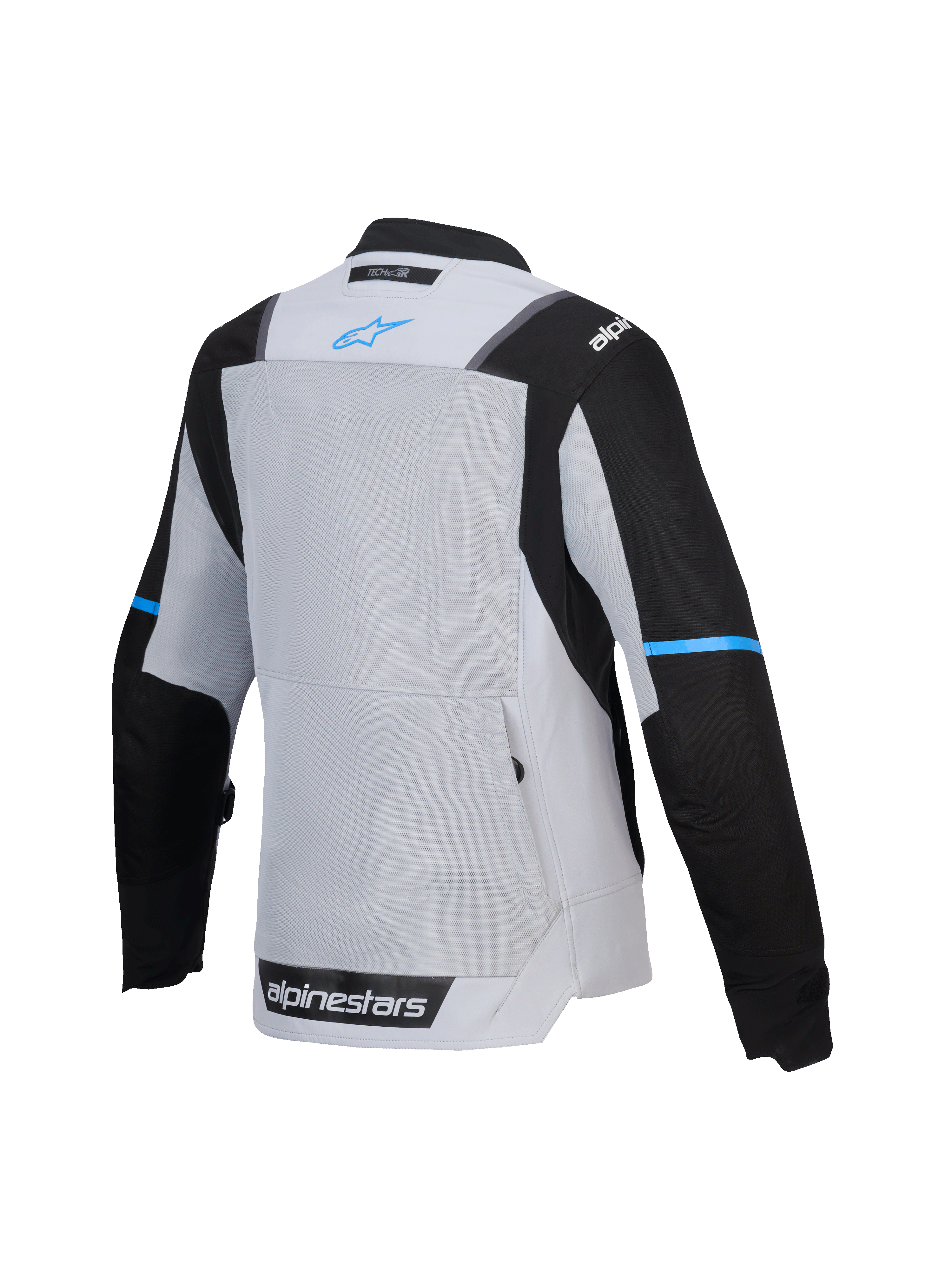 Alpinestars Chaqueta Stella ST-2 Air, chaqueta de moto para mujer touring, vista trasera que muestra el panel de ventilación de malla y el bolsillo trasero, gris hielo y negro con detalles en azul, certificado CE nivel AA, preparada para Tech-Air
