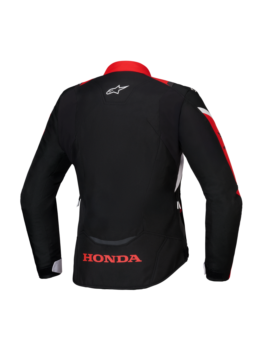 Chaqueta Alpinestars Honda Stella T-Jaws V4 WP, vista trasera, negro con detalles en rojo brillante y blanco, con el logotipo de Honda en rojo en la parte inferior de la espalda y el logotipo de Alpinestars en blanco en el cuello, chaqueta textil impermeable de ajuste deportivo para mujer