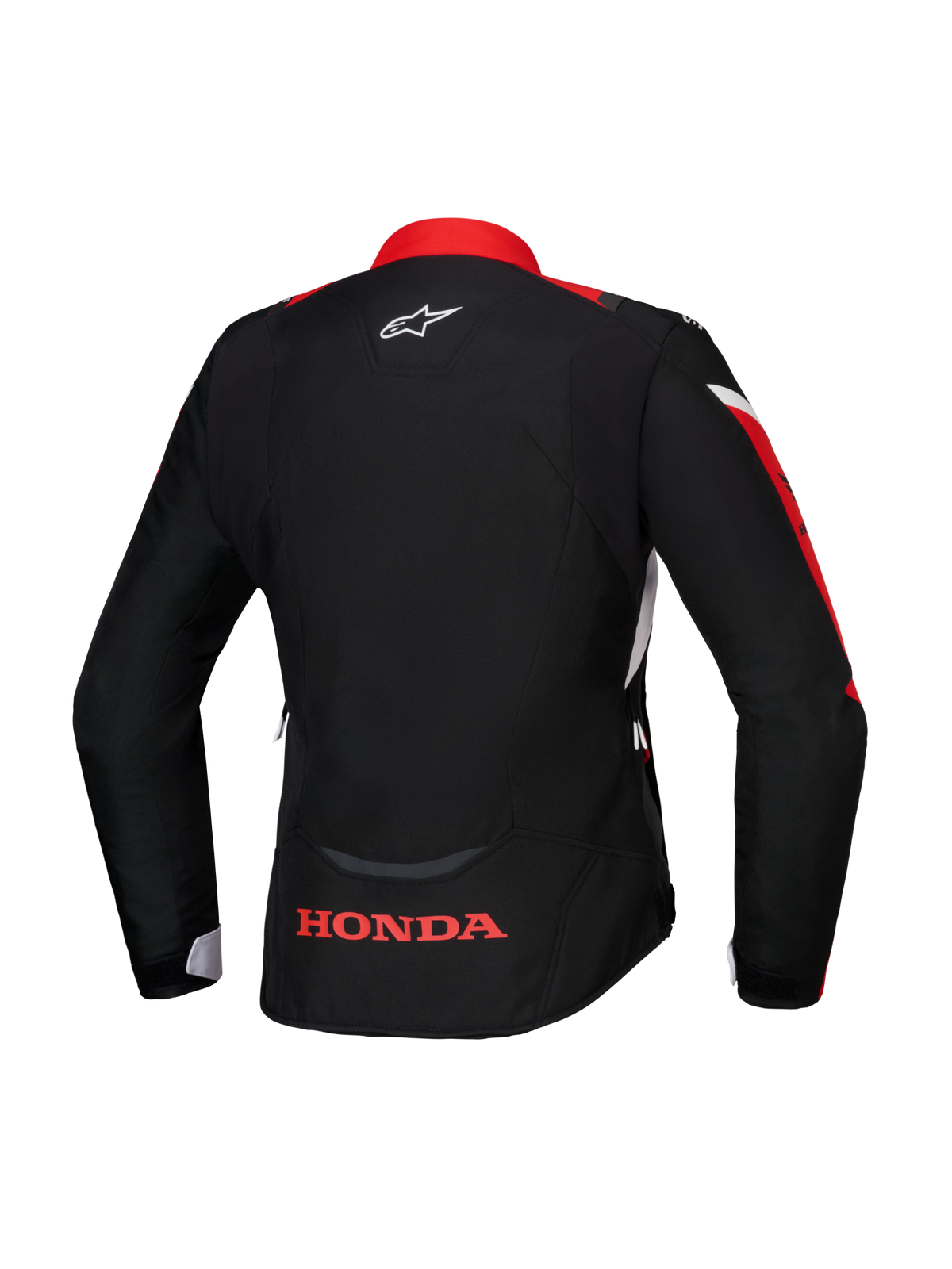 Chaqueta Alpinestars Honda Stella T-Jaws V4 WP, vista trasera, negro con detalles en rojo brillante y blanco, con el logotipo de Honda en rojo en la parte inferior de la espalda y el logotipo de Alpinestars en blanco en el cuello, chaqueta textil impermeable de ajuste deportivo para mujer