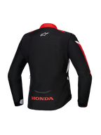 Chaqueta Alpinestars Honda Stella T-Jaws V4 WP, vista trasera, negro con detalles en rojo brillante y blanco, con el logotipo de Honda en rojo en la parte inferior de la espalda y el logotipo de Alpinestars en blanco en el cuello, chaqueta textil impermeable de ajuste deportivo para mujer