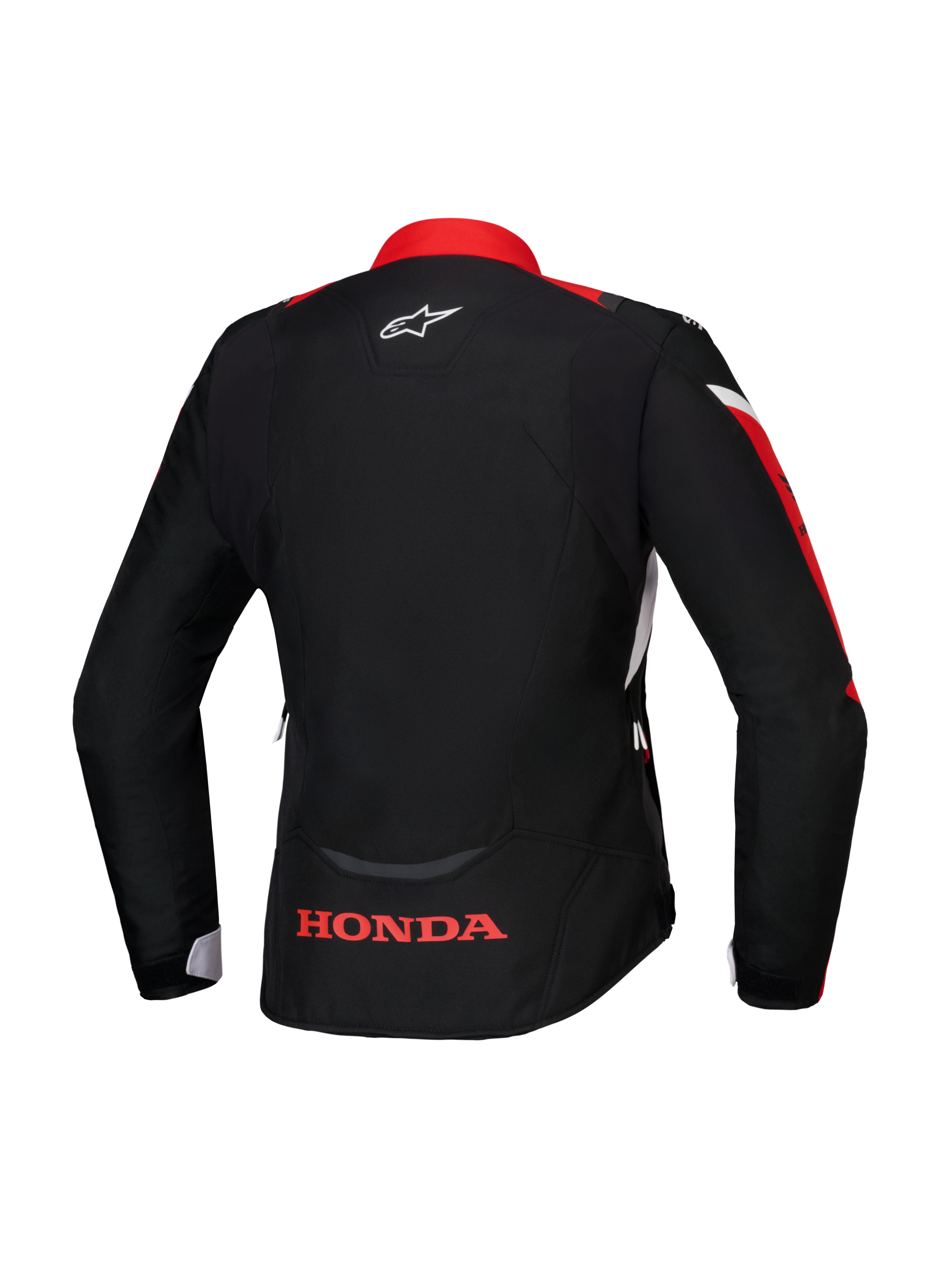 Chaqueta Alpinestars Honda Stella T-Jaws V4 WP, vista trasera, negro con detalles en rojo brillante y blanco, con el logotipo de Honda en rojo en la parte inferior de la espalda y el logotipo de Alpinestars en blanco en el cuello, chaqueta textil impermeable de ajuste deportivo para mujer