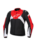 Alpinestars Honda Woman Stella T-Jaws V4 Wp Jacket, chaqueta de moto deportiva impermeable para mujer, negra con paneles en rojo brillante y blanco, con la marca Honda en las mangas y el logotipo de Alpinestars en blanco en el pecho, construcción de tejido técnico con una silueta deportiva