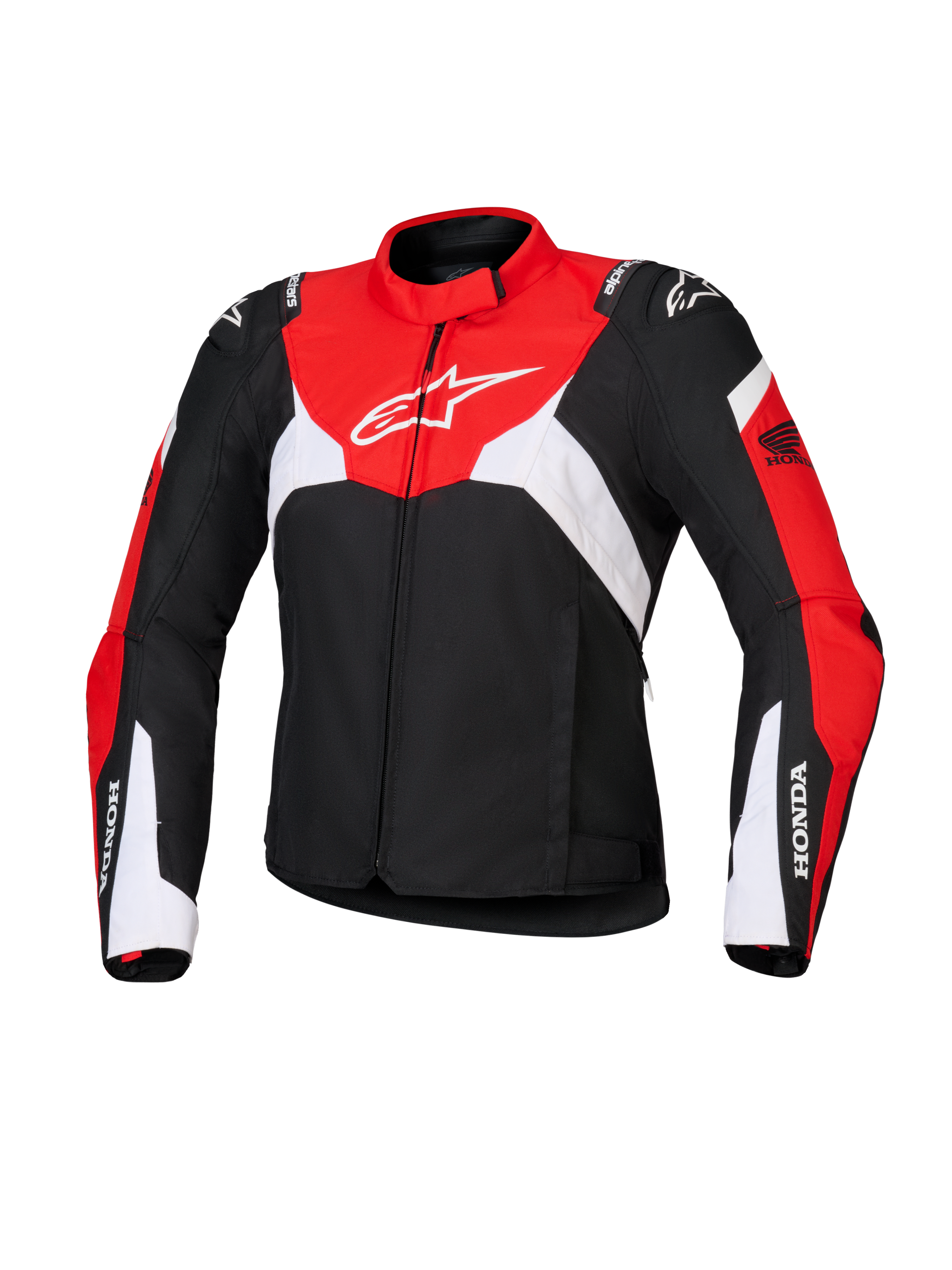 Alpinestars Honda Woman Stella T-Jaws V4 Wp Jacket, chaqueta de moto deportiva impermeable para mujer, negra con paneles en rojo brillante y blanco, con la marca Honda en las mangas y el logotipo de Alpinestars en blanco en el pecho, construcción de tejido técnico con una silueta deportiva