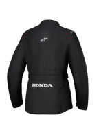 Chaqueta Alpinestars Honda Stella ST-1 WP, chaqueta de moto impermeable para mujer, negra, vista trasera con gran logotipo blanco de Honda en el bolsillo de carga inferior, logotipo de Alpinestars en la parte superior de la espalda, construcción textil técnica con silueta adventure touring y detalles de costuras rojas.