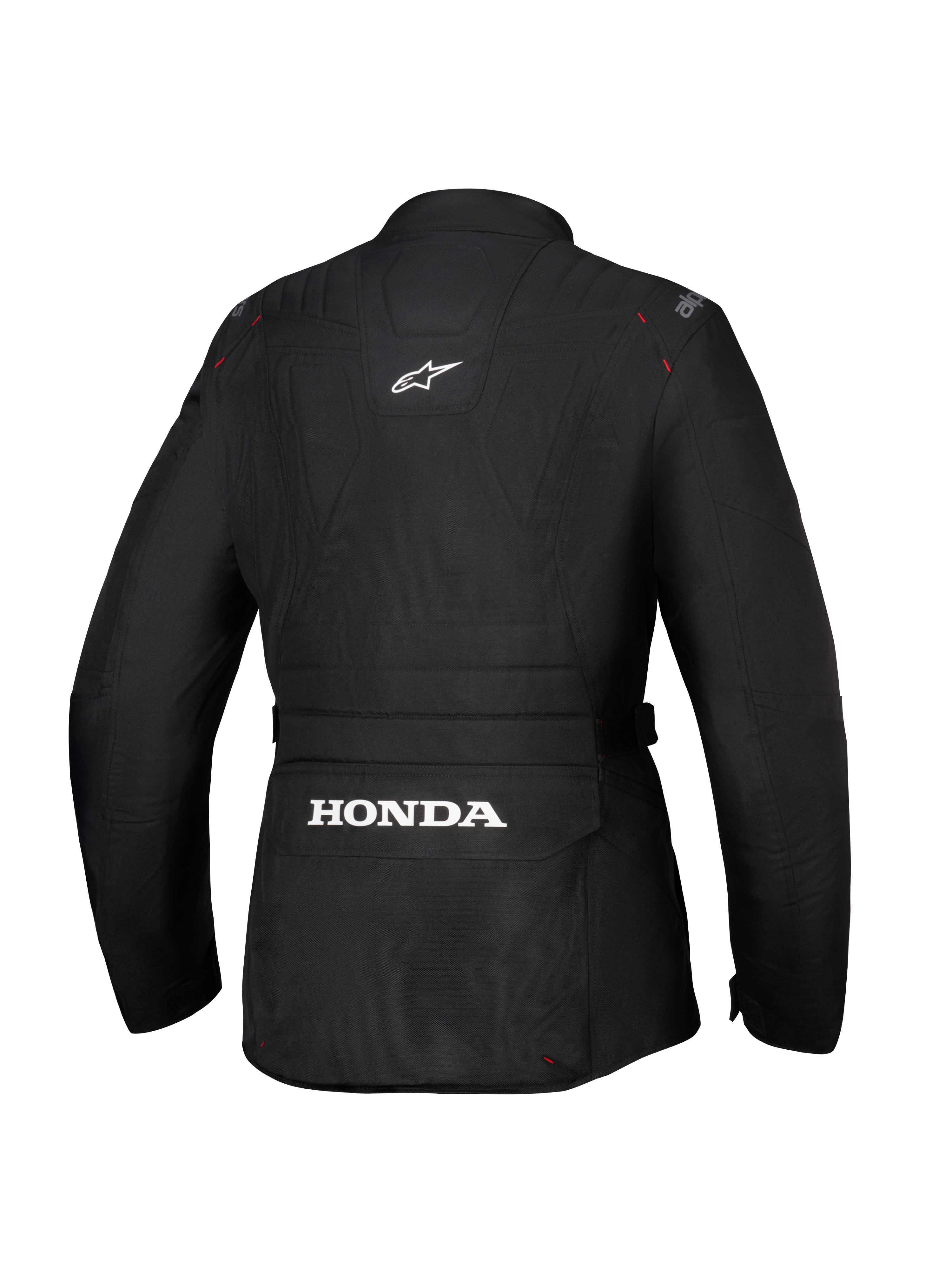 Chaqueta Alpinestars Honda Stella ST-1 WP, chaqueta de moto impermeable para mujer, negra, vista trasera con gran logotipo blanco de Honda en el bolsillo de carga inferior, logotipo de Alpinestars en la parte superior de la espalda, construcción textil técnica con silueta adventure touring y detalles de costuras rojas.
