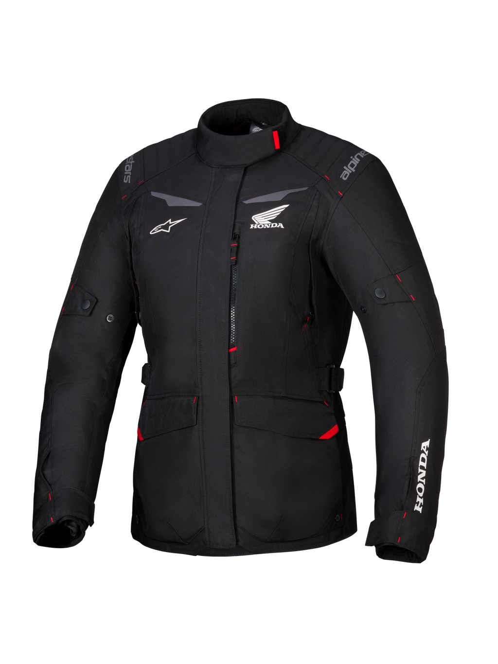 Chaqueta Honda Stella ST-1 WP, chaqueta de touring impermeable para mujer, negra con detalles en rojo y logotipos de Honda en blanco, cuello alto, cremallera frontal, bolsillos de carga expandibles, equipamiento de aventura de tejido duradero