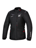Chaqueta Honda Stella ST-1 WP, chaqueta de touring impermeable para mujer, negra con detalles en rojo y logotipos de Honda en blanco, cuello alto, cremallera frontal, bolsillos de carga expandibles, equipamiento de aventura de tejido duradero