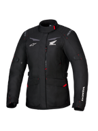 Chaqueta Honda Stella ST-1 WP, chaqueta de touring impermeable para mujer, negra con detalles en rojo y logotipos de Honda en blanco, cuello alto, cremallera frontal, bolsillos de carga expandibles, equipamiento de aventura de tejido duradero