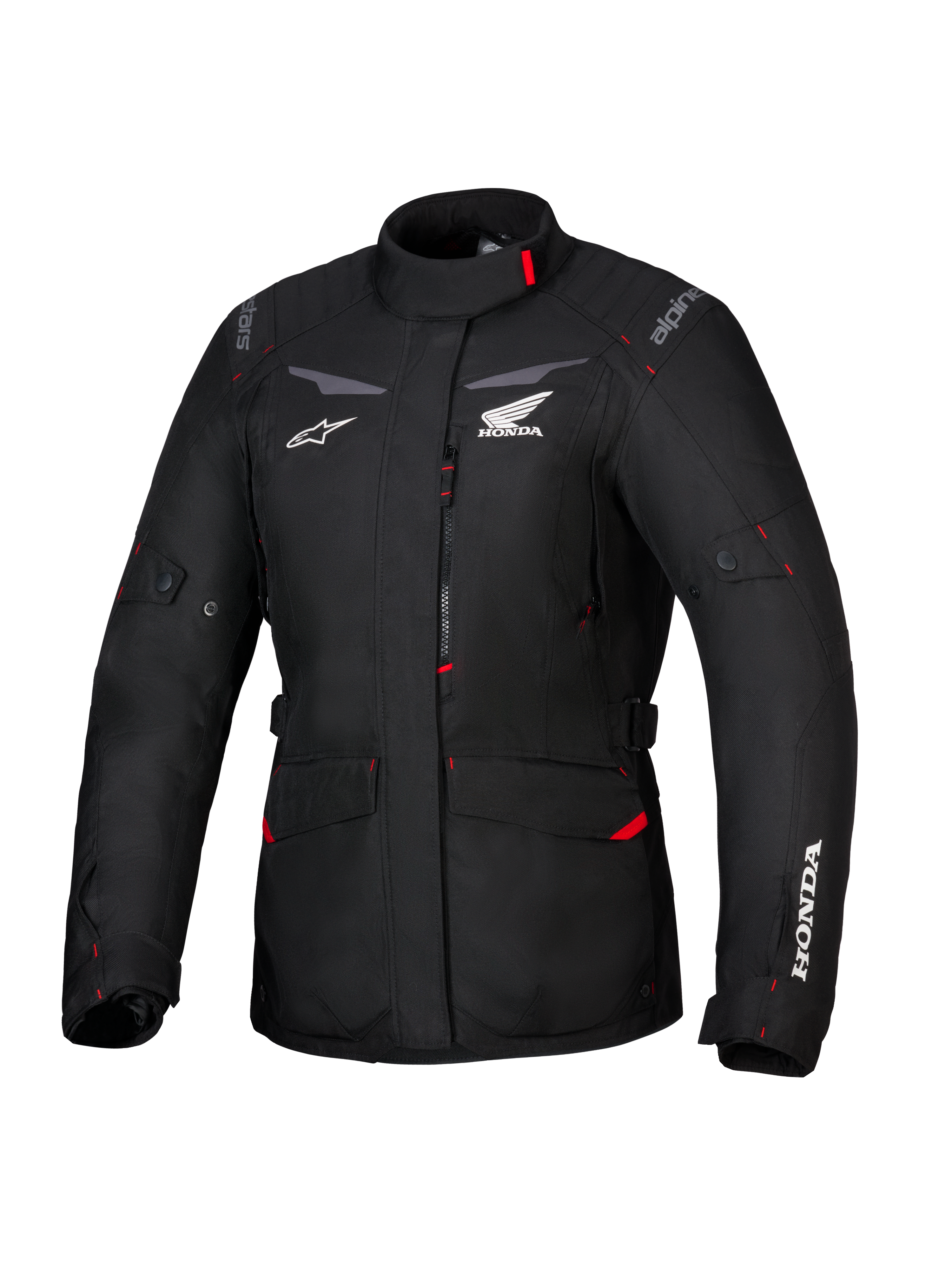Chaqueta Honda Stella ST-1 WP, chaqueta de touring impermeable para mujer, negra con detalles en rojo y logotipos de Honda en blanco, cuello alto, cremallera frontal, bolsillos de carga expandibles, equipamiento de aventura de tejido duradero