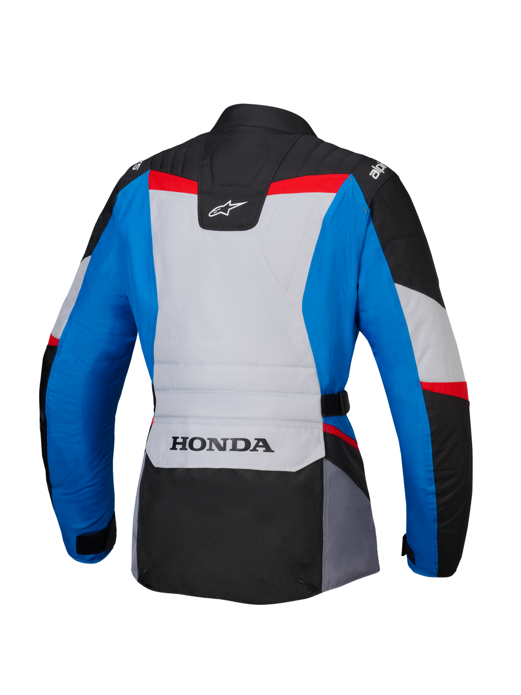 Chaqueta Alpinestars Honda Stella ST-1 WP para mujer, vista trasera, chaqueta de moto adventure touring en azul, gris hielo y negro con detalles en rojo, con marca HONDA en la parte inferior de la espalda y logotipos de Alpinestars en los hombros y la parte superior de la espalda.