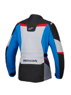 Chaqueta Alpinestars Honda Stella ST-1 WP para mujer, vista trasera, chaqueta de moto adventure touring en azul, gris hielo y negro con detalles en rojo, con marca HONDA en la parte inferior de la espalda y logotipos de Alpinestars en los hombros y la parte superior de la espalda.