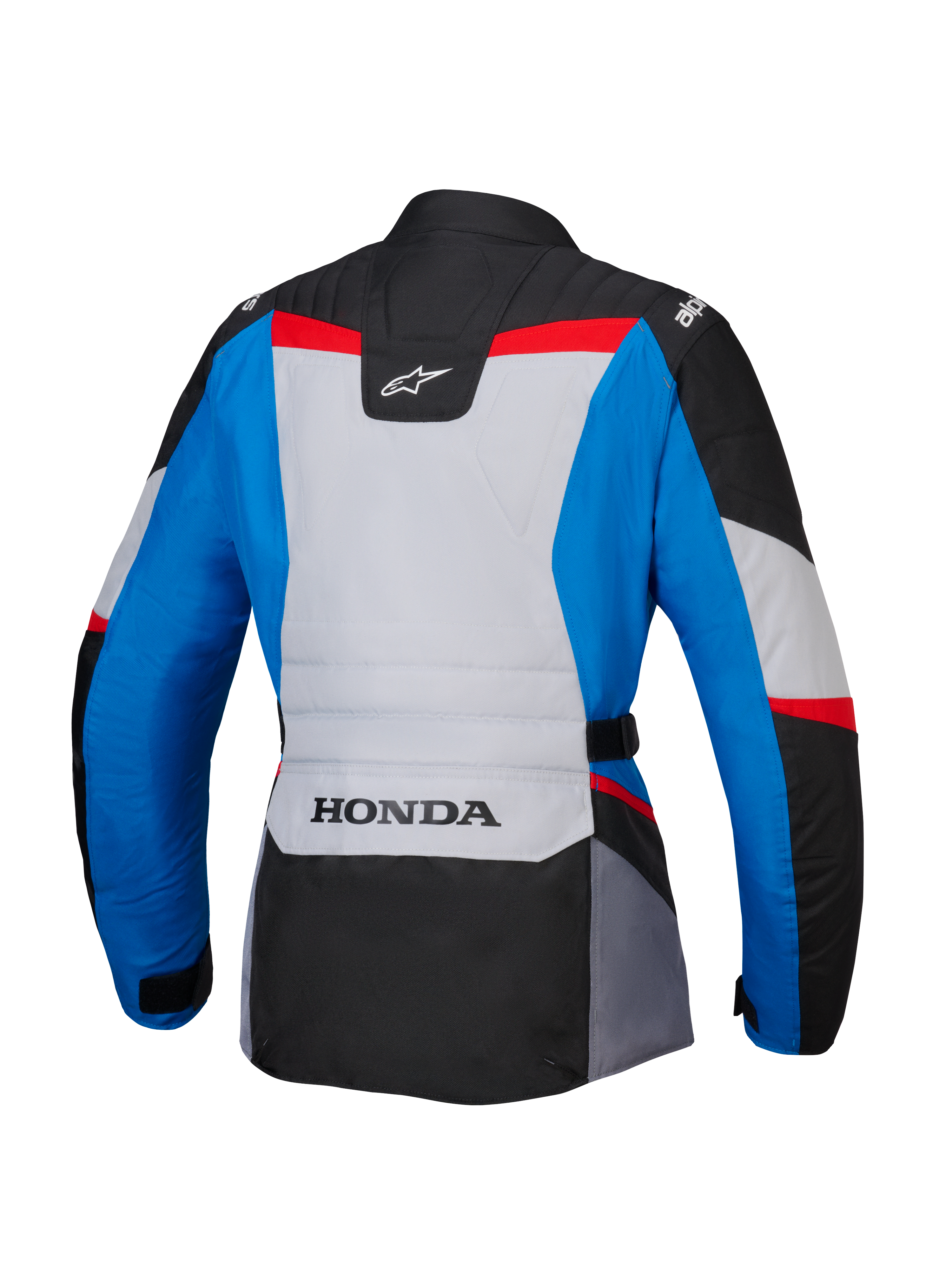Chaqueta Alpinestars Honda Stella ST-1 WP para mujer, vista trasera, chaqueta de moto adventure touring en azul, gris hielo y negro con detalles en rojo, con marca HONDA en la parte inferior de la espalda y logotipos de Alpinestars en los hombros y la parte superior de la espalda.