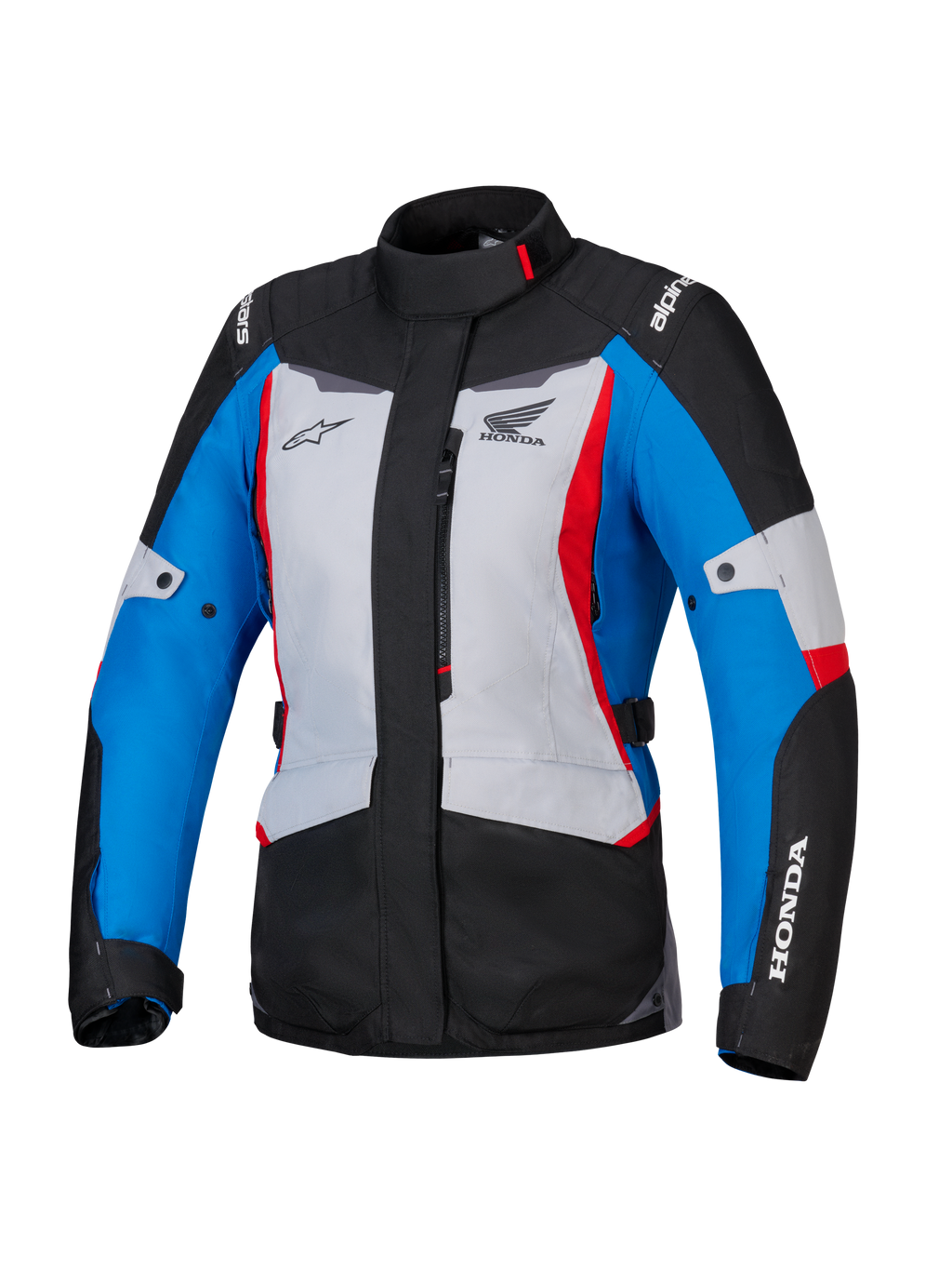 Alpinestars Honda Woman Stella ST-1 WP Jacket, chaqueta de moto impermeable para mujer, en color gris hielo, azul y negro con acentos en rojo, cuello alto y cremallera frontal, logos de Honda y Alpinestars en el pecho y las mangas, chaqueta textil duradera para adventure touring