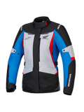 Alpinestars Honda Woman Stella ST-1 WP Jacket, chaqueta de moto impermeable para mujer, en color gris hielo, azul y negro con acentos en rojo, cuello alto y cremallera frontal, logos de Honda y Alpinestars en el pecho y las mangas, chaqueta textil duradera para adventure touring