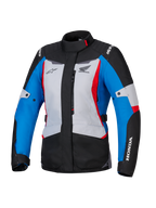 Alpinestars Honda Woman Stella ST-1 WP Jacket, chaqueta de moto impermeable para mujer, en color gris hielo, azul y negro con acentos en rojo, cuello alto y cremallera frontal, logos de Honda y Alpinestars en el pecho y las mangas, chaqueta textil duradera para adventure touring