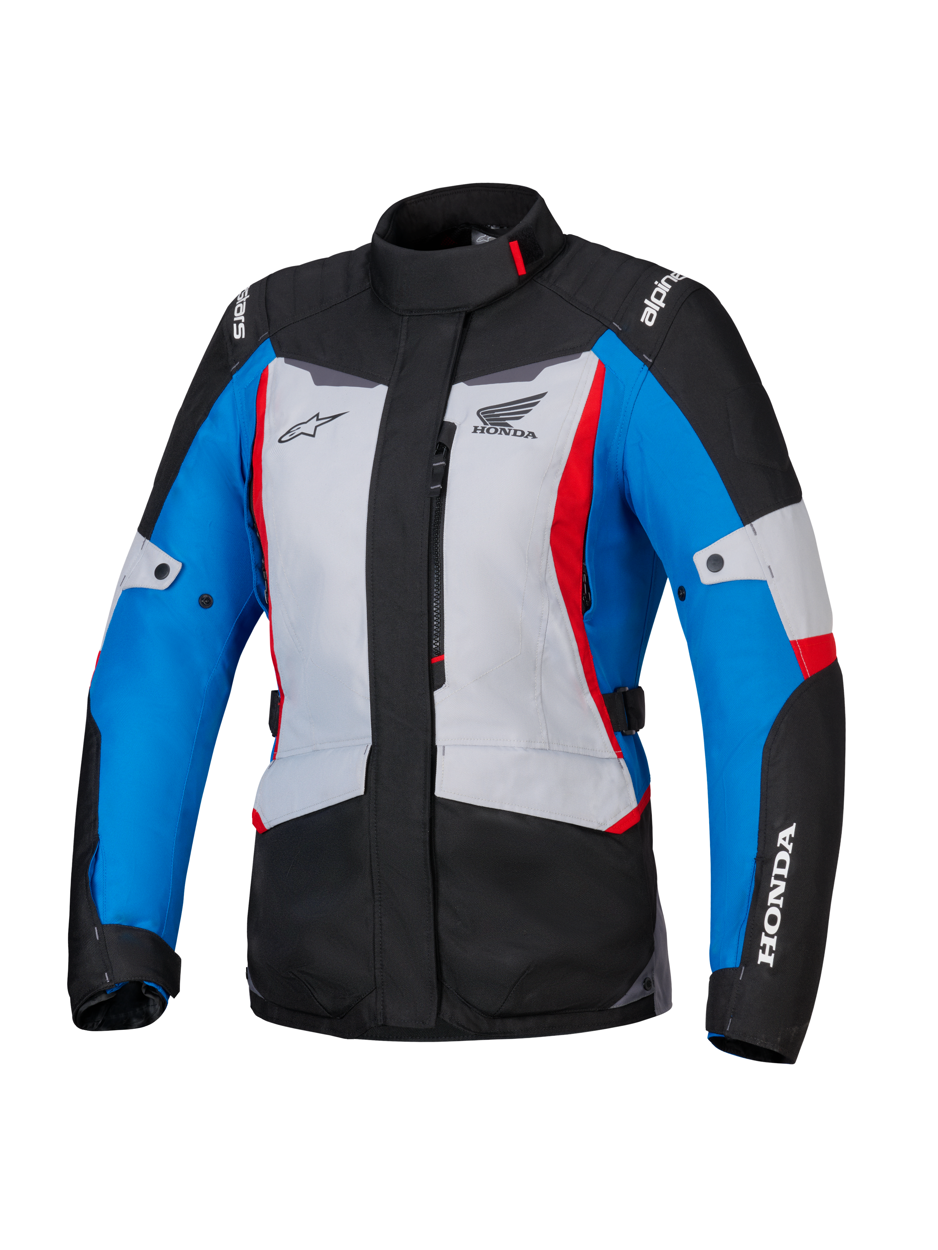 Alpinestars Honda Woman Stella ST-1 WP Jacket, chaqueta de moto impermeable para mujer, en color gris hielo, azul y negro con acentos en rojo, cuello alto y cremallera frontal, logos de Honda y Alpinestars en el pecho y las mangas, chaqueta textil duradera para adventure touring