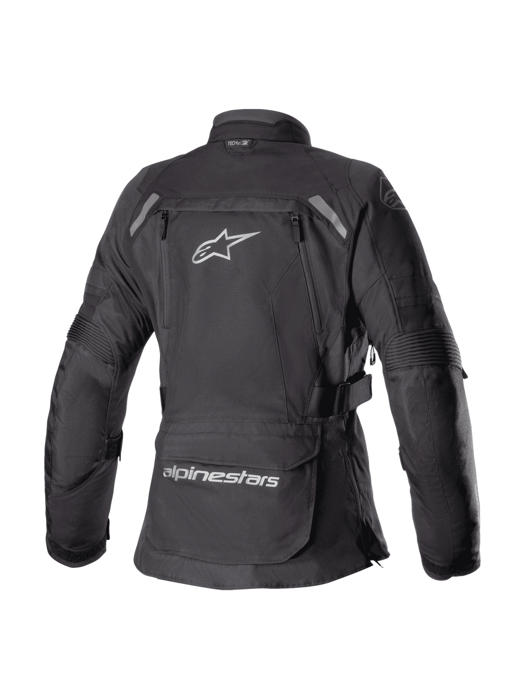 Chaqueta Alpinestars Stella Bogotá Pro Drystar® para mujer, negra, vista posterior de la chaqueta textil de turismo de aventura con un gran logotipo Astar blanco, bolsillo de almacenamiento en la parte inferior de la espalda con la marca y detalles reflectantes en los hombros
