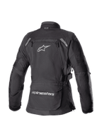 Chaqueta Alpinestars Stella Bogotá Pro Drystar® para mujer, negra, vista posterior de la chaqueta textil de turismo de aventura con un gran logotipo Astar blanco, bolsillo de almacenamiento en la parte inferior de la espalda con la marca y detalles reflectantes en los hombros