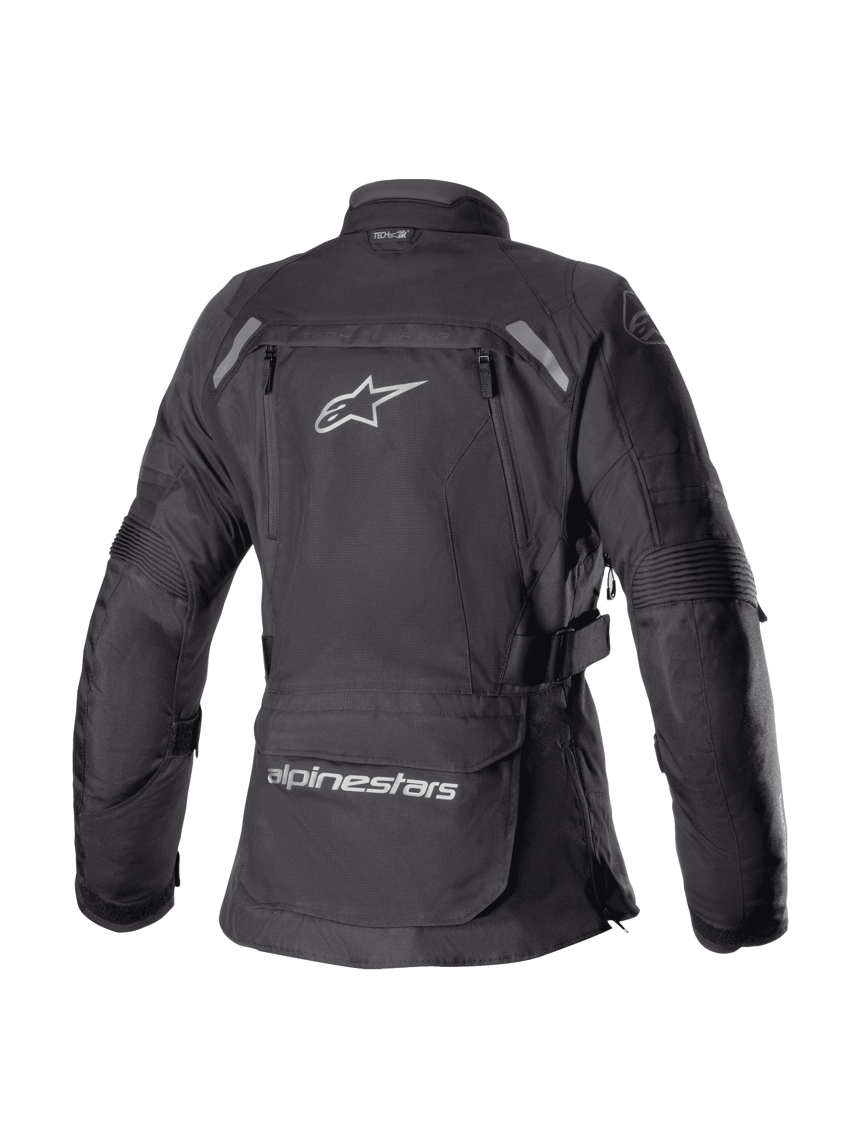 Chaqueta Alpinestars Stella Bogotá Pro Drystar® para mujer, negra, vista posterior de la chaqueta textil de turismo de aventura con un gran logotipo Astar blanco, bolsillo de almacenamiento en la parte inferior de la espalda con la marca y detalles reflectantes en los hombros