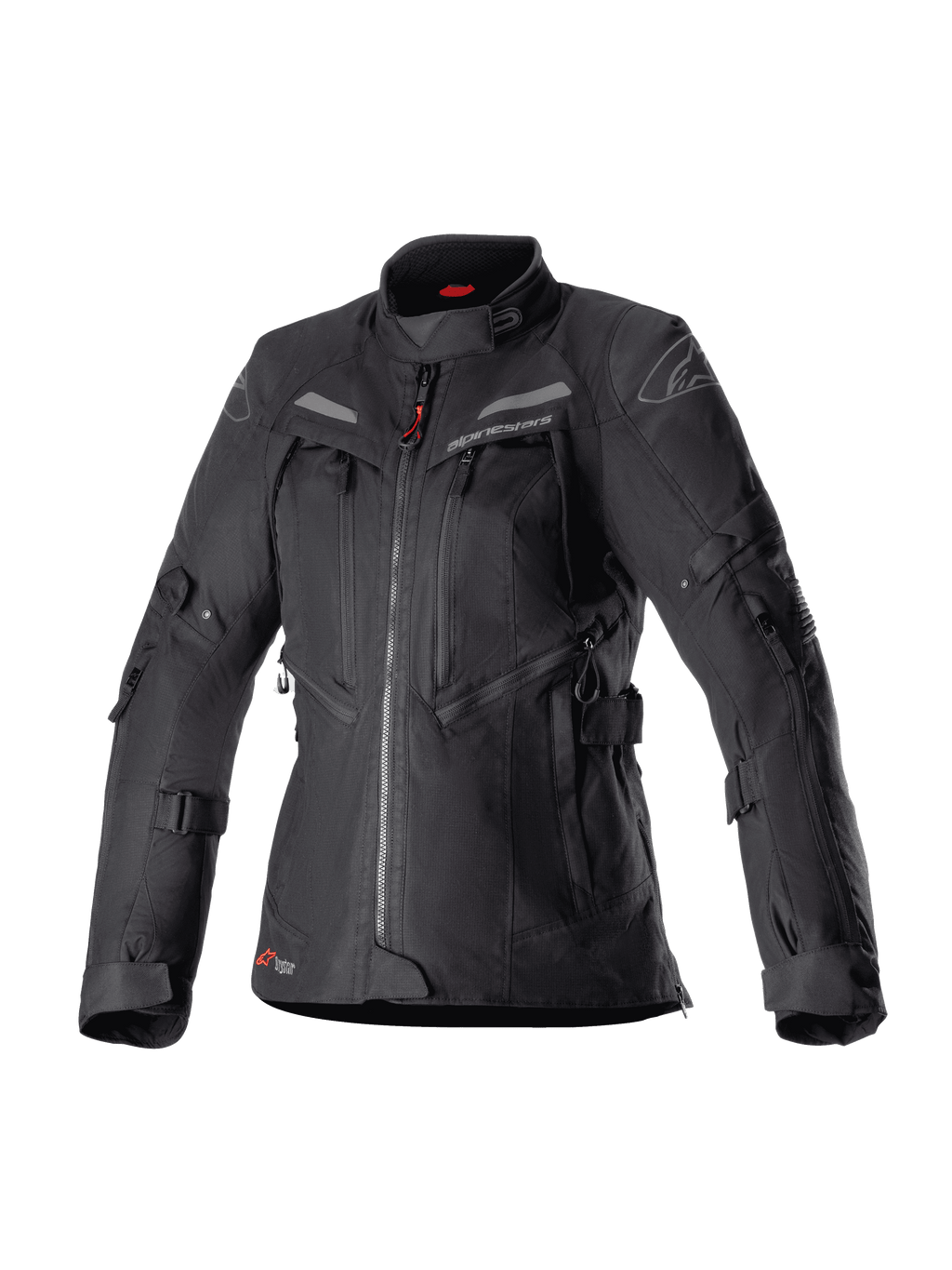 Alpinestars Stella Bogota Pro Drystar para mujer, chaqueta de moto adventure touring negra, construcción textil impermeable con múltiples cremalleras frontales y paneles de ventilación, correas ajustables en mangas y cintura, sutiles acentos rojos y logotipo de Alpinestars.
