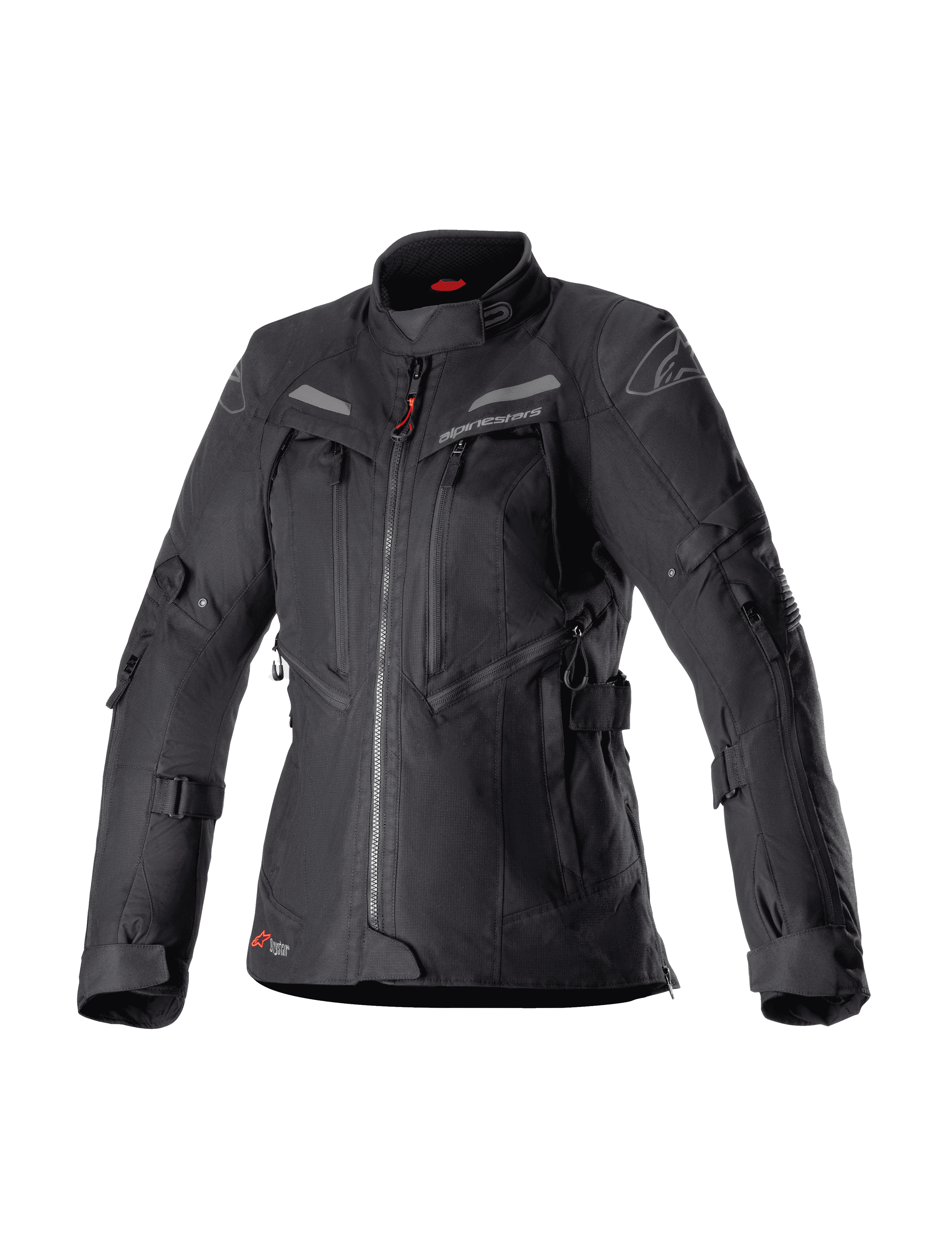 Alpinestars Stella Bogota Pro Drystar para mujer, chaqueta de moto adventure touring negra, construcción textil impermeable con múltiples cremalleras frontales y paneles de ventilación, correas ajustables en mangas y cintura, sutiles acentos rojos y logotipo de Alpinestars.