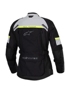 Chaqueta Alpinestars Stella Bogotá Pro Drystar®, vista trasera, negra con detalles en gris hielo y amarillo flúor, chaqueta de moto Adventure Touring para mujer con distintivos Tech Touring y un gran bolsillo utilitario en la parte inferior de la espalda