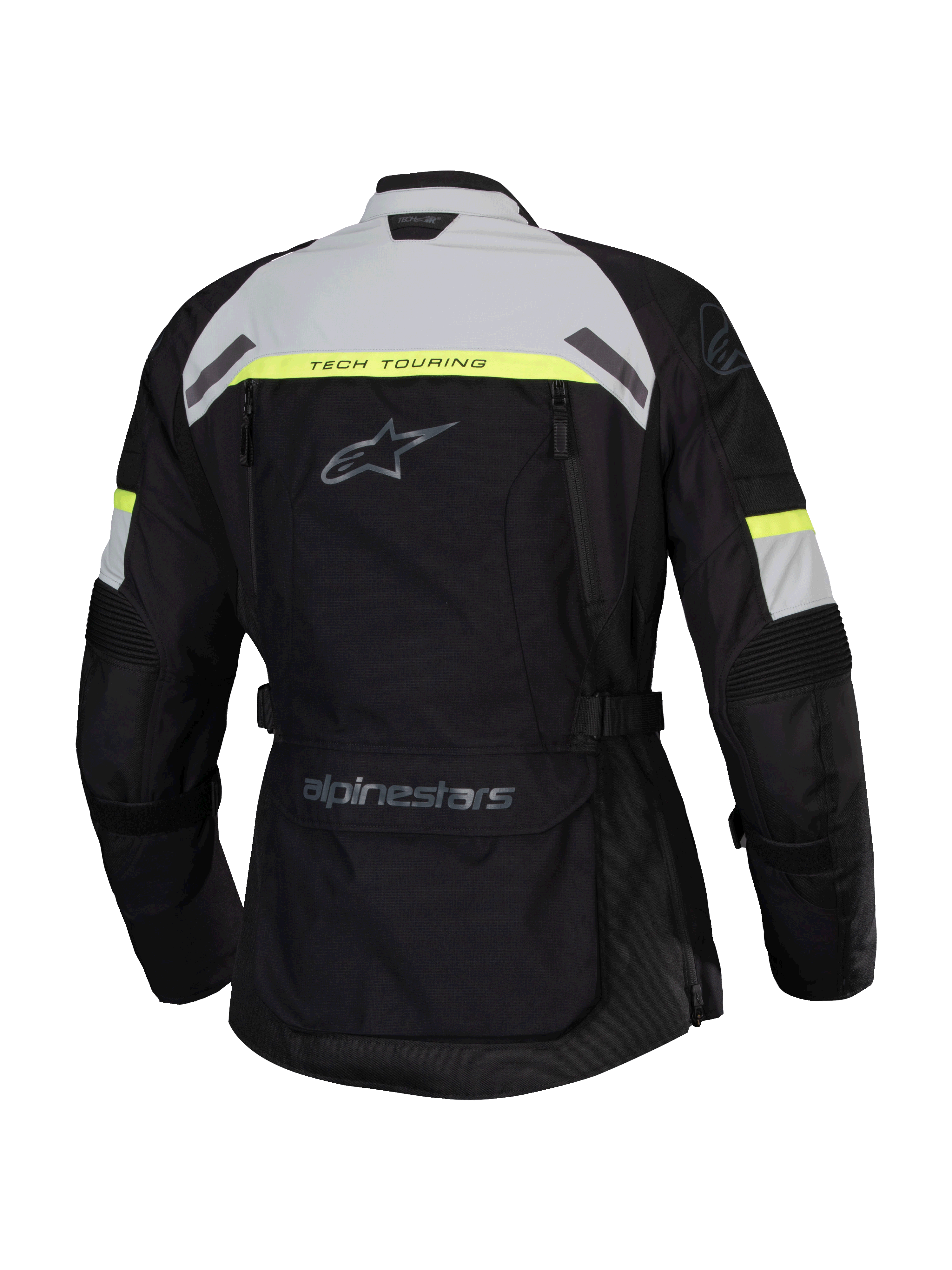 Chaqueta Alpinestars Stella Bogotá Pro Drystar®, vista trasera, negra con detalles en gris hielo y amarillo flúor, chaqueta de moto Adventure Touring para mujer con distintivos Tech Touring y un gran bolsillo utilitario en la parte inferior de la espalda