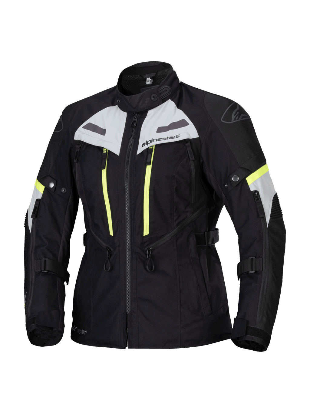 Alpinestars Stella Bogota Pro Drystar Jacket, chaqueta de moto touring para mujer, negra con detalles en gris hielo y amarillo flúor, construcción textil impermeable y transpirable, con amplias cremalleras de ventilación y correas ajustables para conducción de aventura