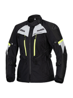 Alpinestars Stella Bogota Pro Drystar Jacket, chaqueta de moto touring para mujer, negra con detalles en gris hielo y amarillo flúor, construcción textil impermeable y transpirable, con amplias cremalleras de ventilación y correas ajustables para conducción de aventura