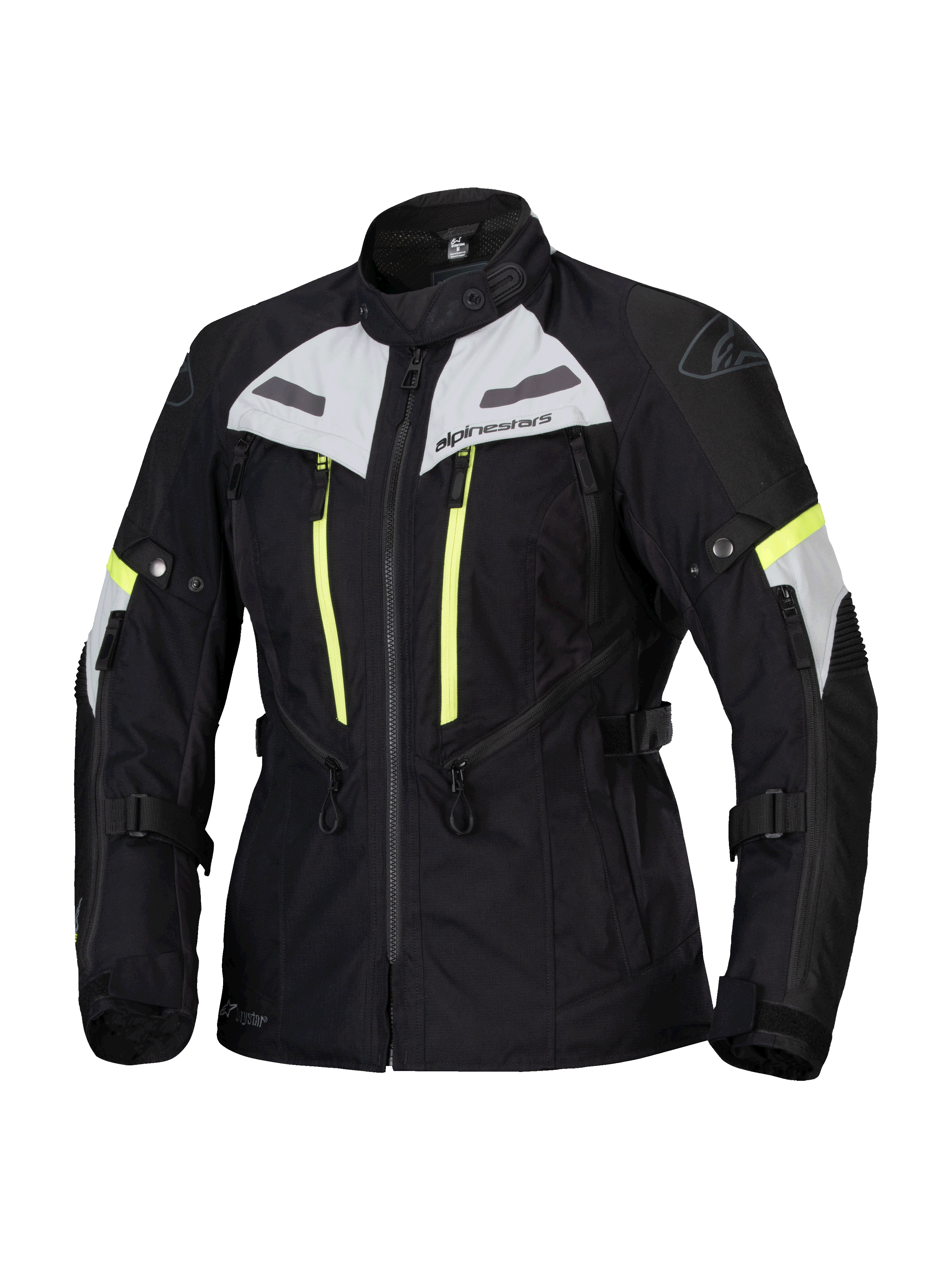 Alpinestars Stella Bogota Pro Drystar Jacket, chaqueta de moto touring para mujer, negra con detalles en gris hielo y amarillo flúor, construcción textil impermeable y transpirable, con amplias cremalleras de ventilación y correas ajustables para conducción de aventura